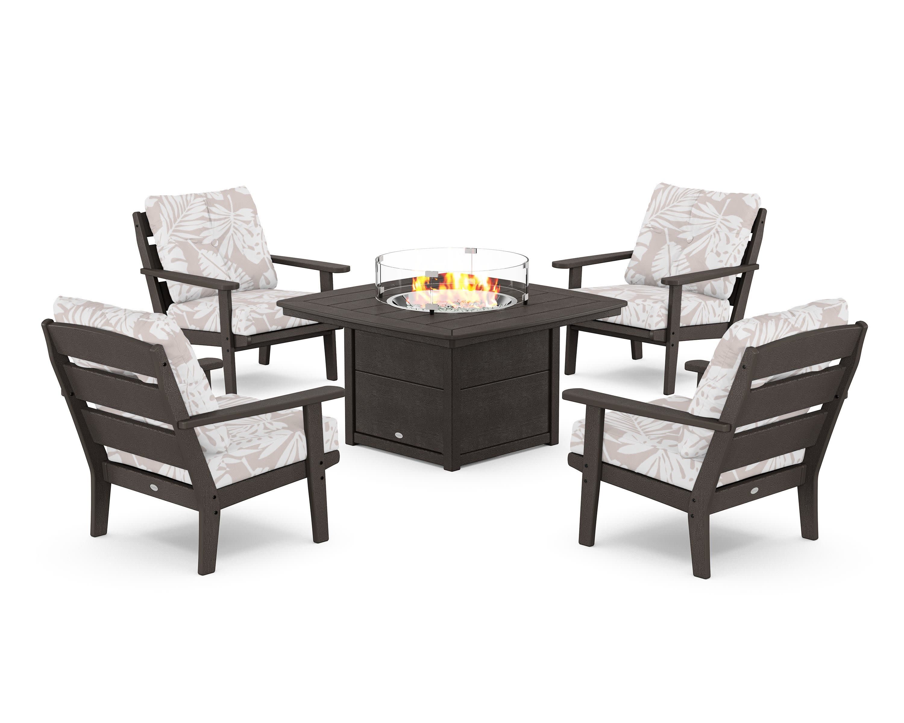 Lakeside 5-Piece Deep Seating Set with Nautical Fire Pit Table in Vintage Coffee / Leaf Dune Burlap