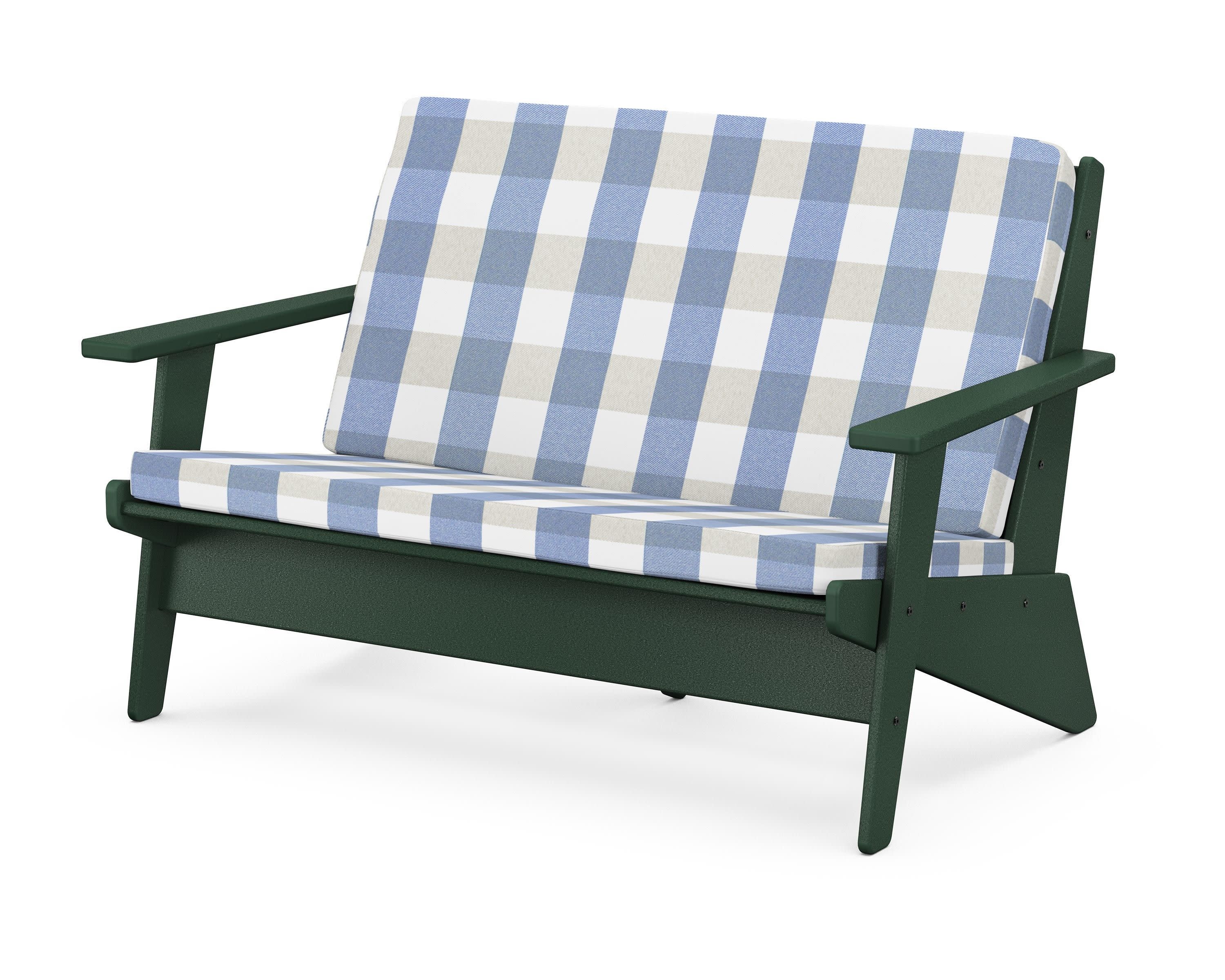Riviera Modern Lounge Loveseat in Green / Buffalo Plaid Sky Blue