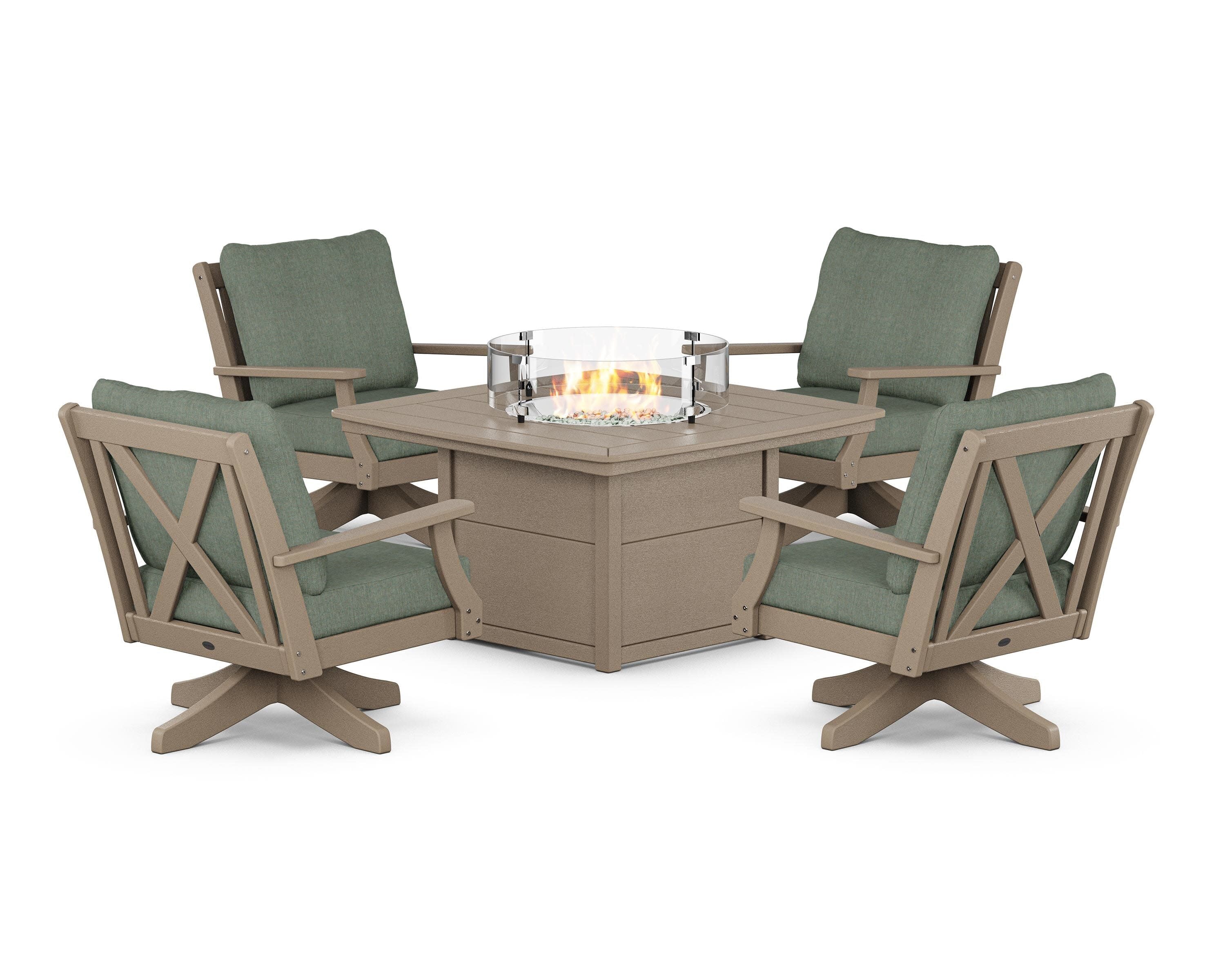 Braxton 5-Piece Deep Seating Swivel Conversation Set with Fire Pit Table in Vintage Sahara / Cast Sage