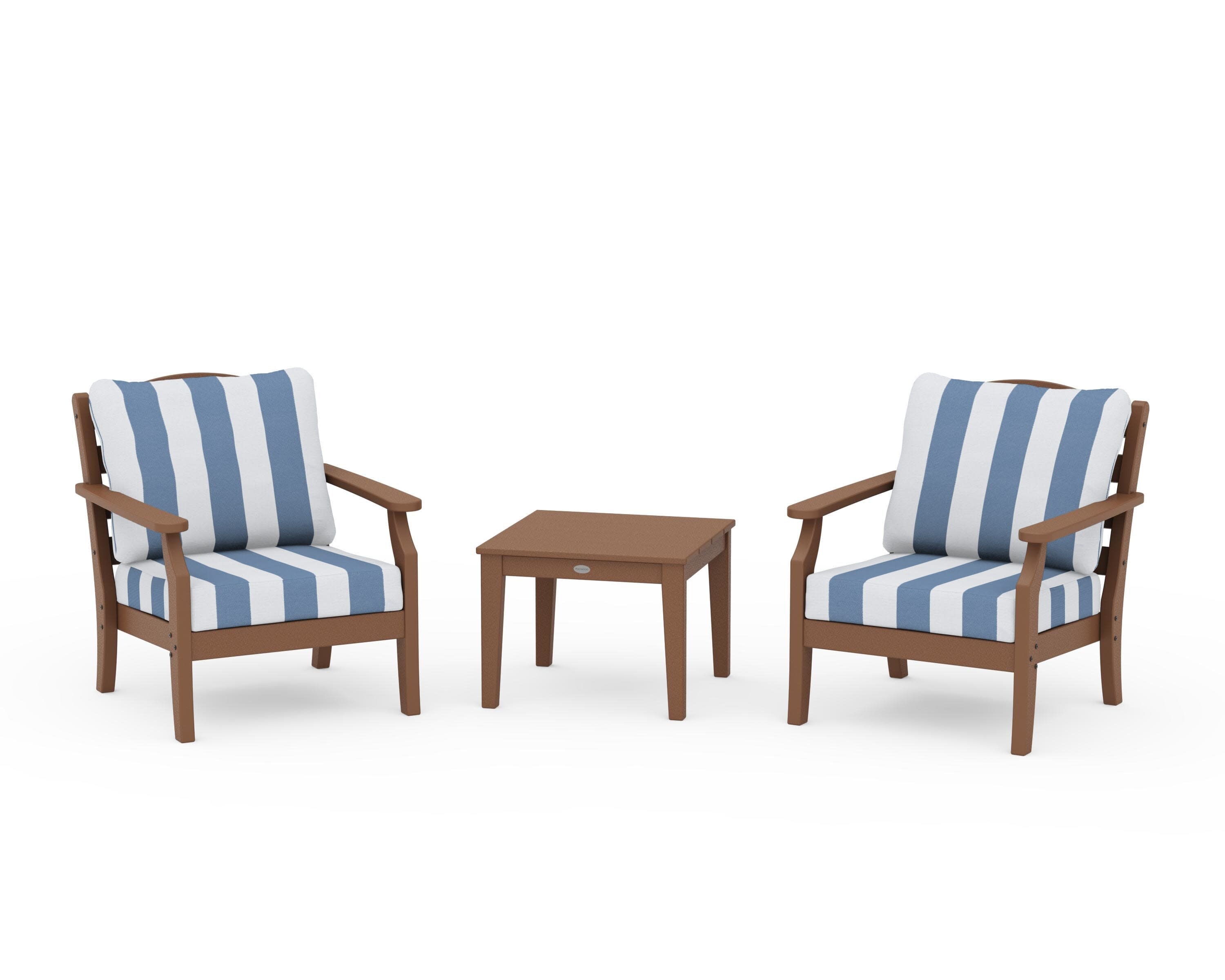 Savannah 3-Piece Deep Seating Set in Teak / Cabana Stripe Sky Blue