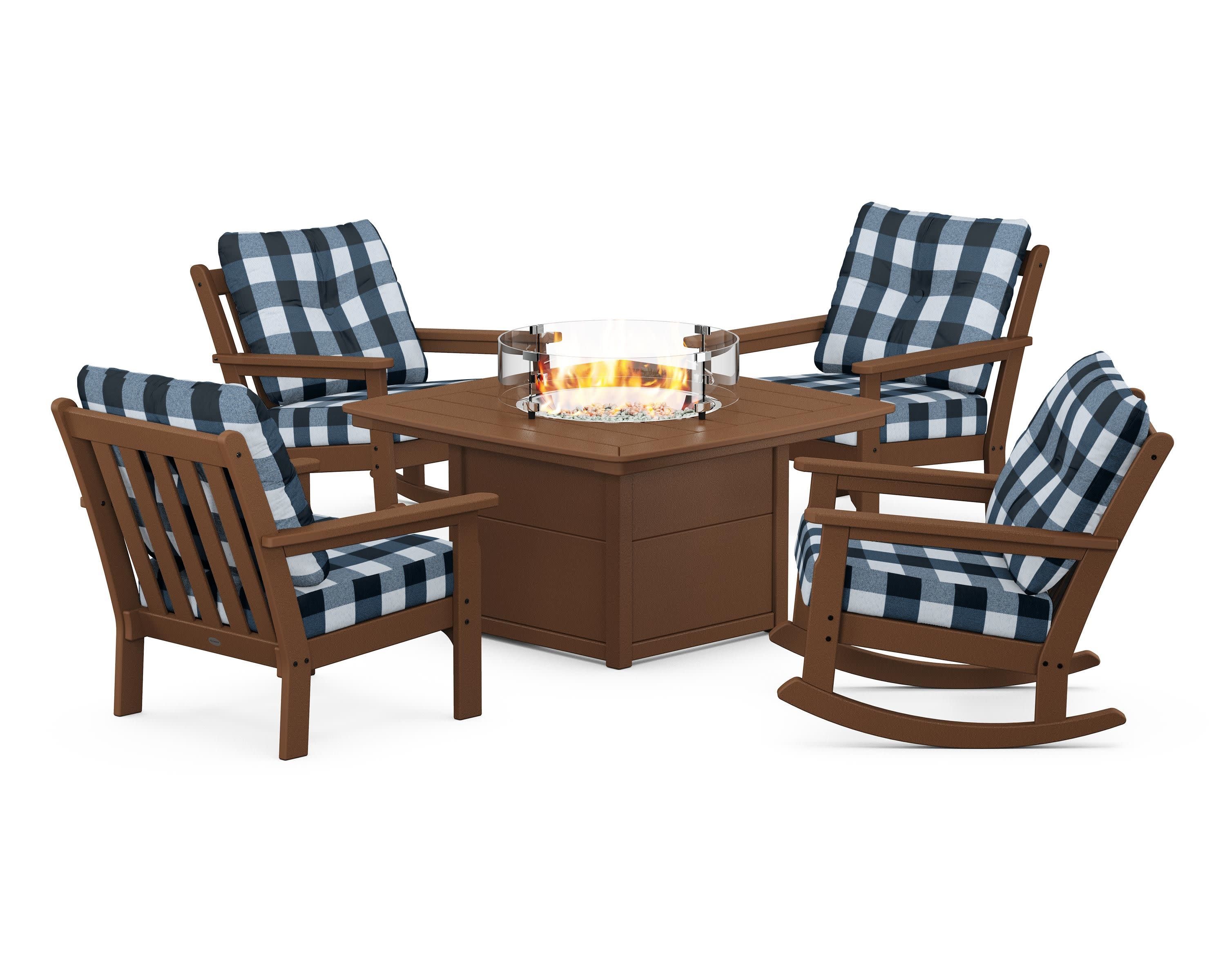 Vineyard 5-Piece Deep Seating Rocking Chair Conversation Set with Fire Pit Table in Teak / Buffalo Plaid Marine Indigo