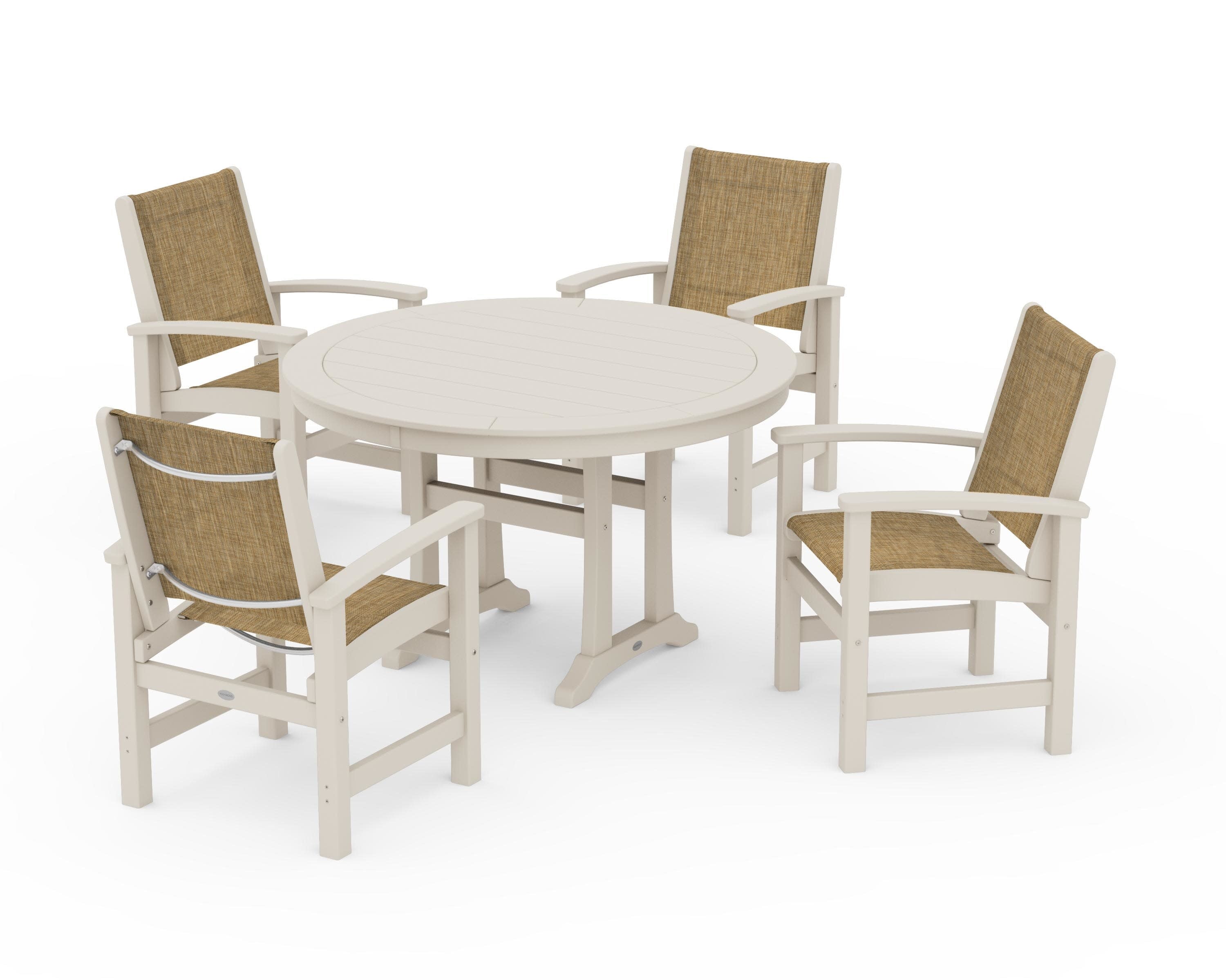 Coastal 5-Piece Round Dining Set with Trestle Legs in Sand / Burlap Sling