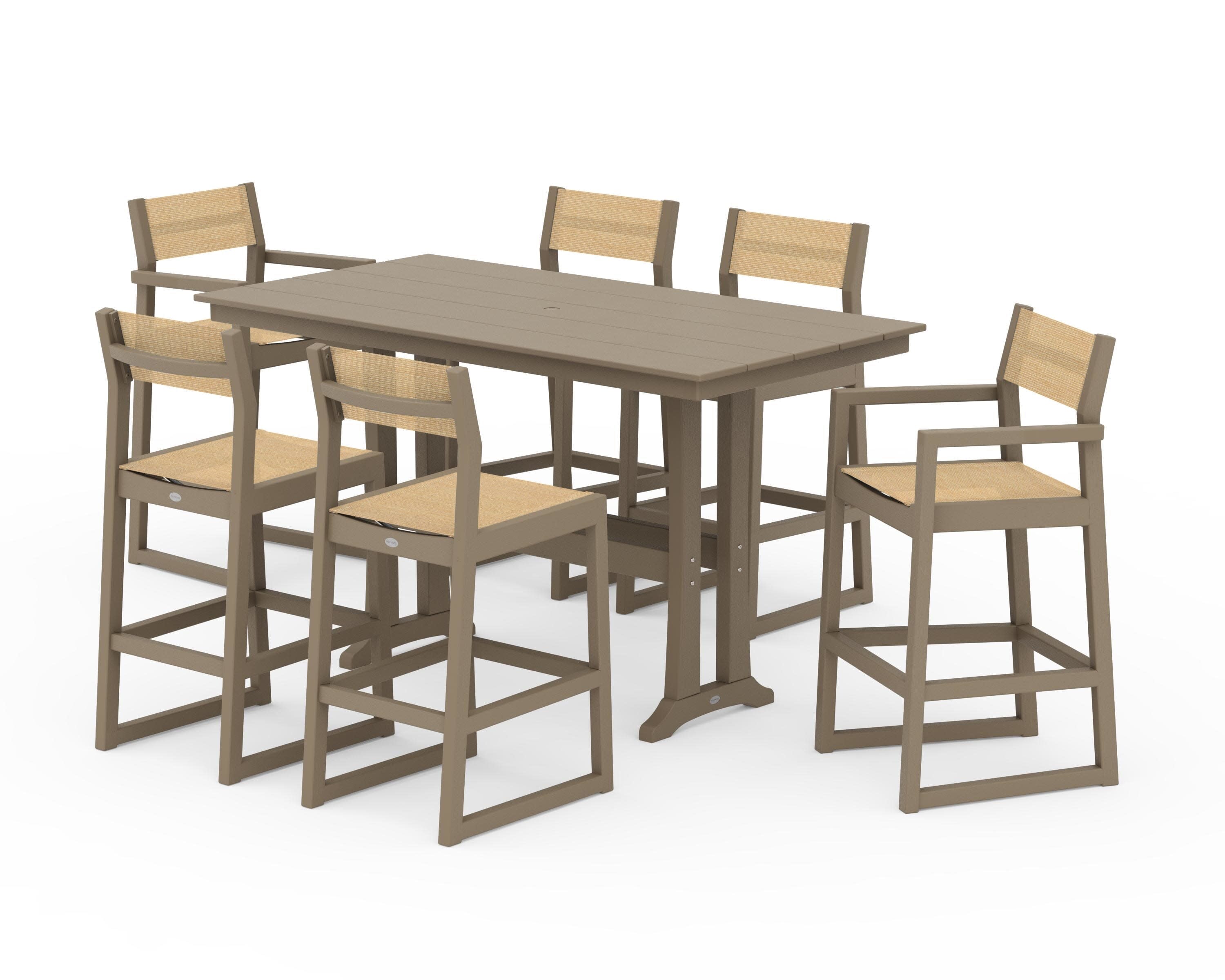 EDGE Sling 7-Piece Farmhouse Bar Set with Trestle Legs in Vintage Sahara / Dupioni Apricot Sling