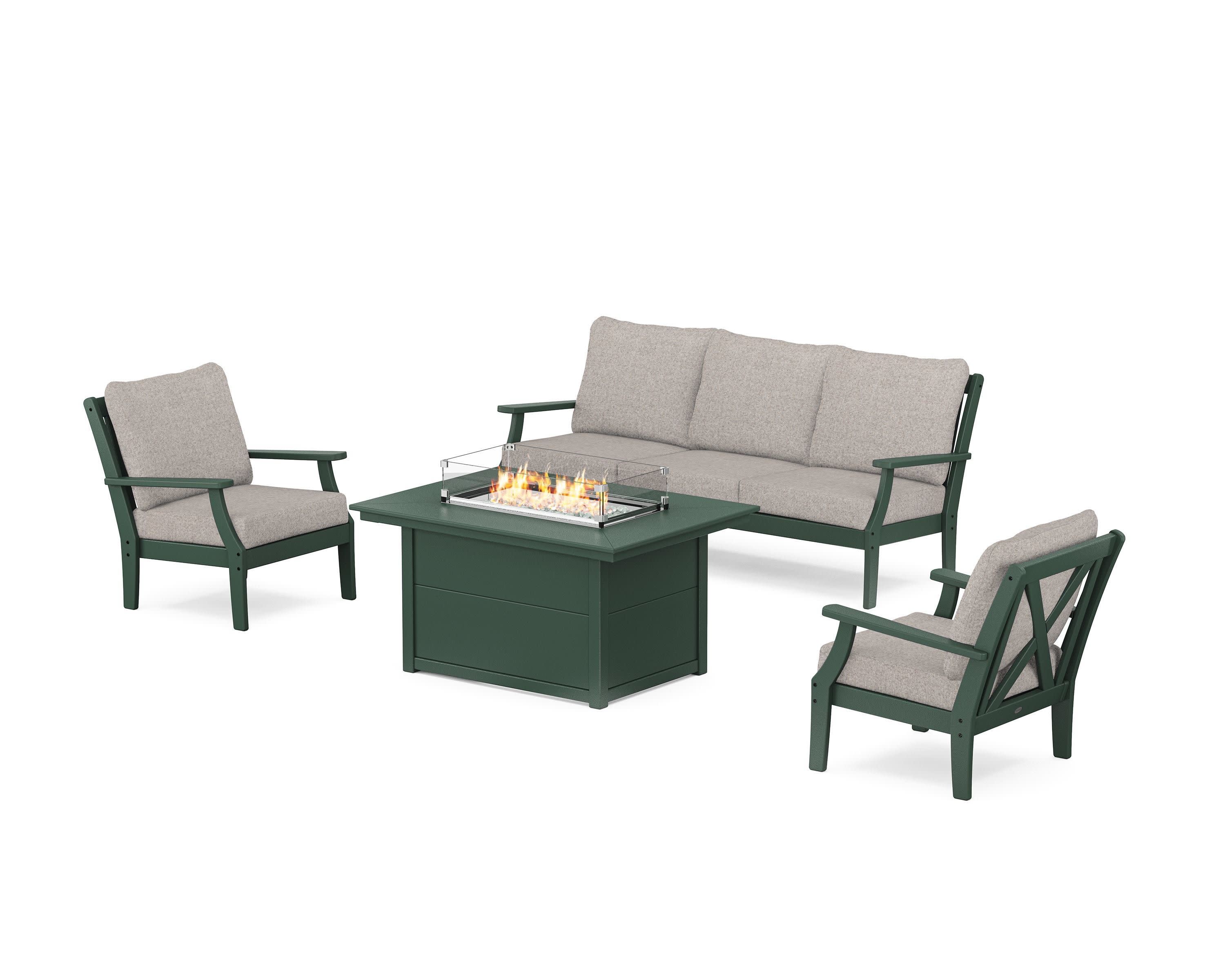 Braxton Deep Seating Fire Pit Table Set in Green / Weathered Tweed