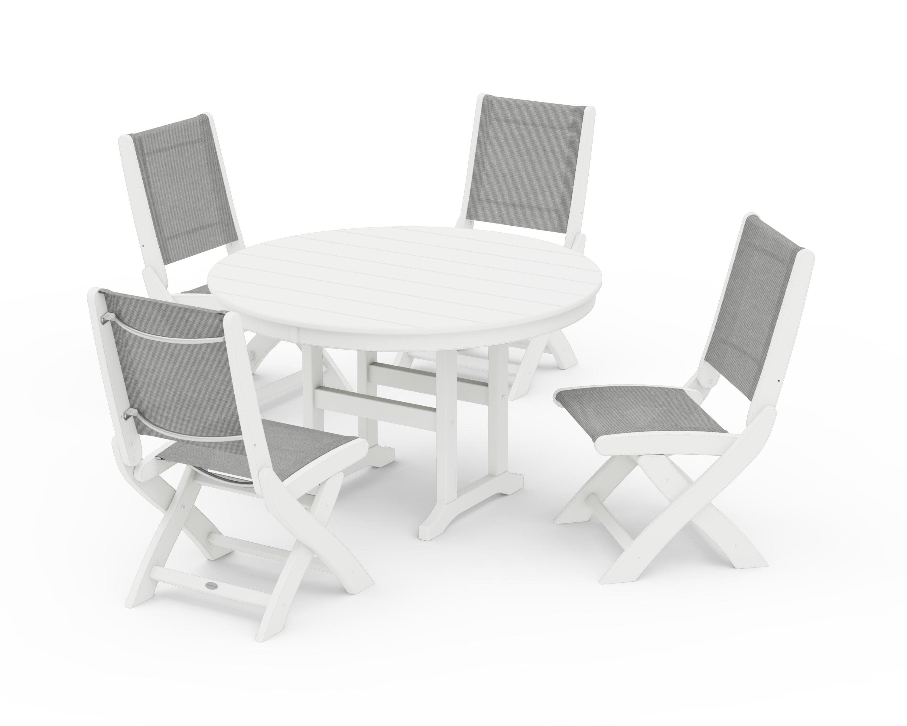 Coastal Folding Side Chair 5-Piece Round Dining Set in White / Metallic Sling