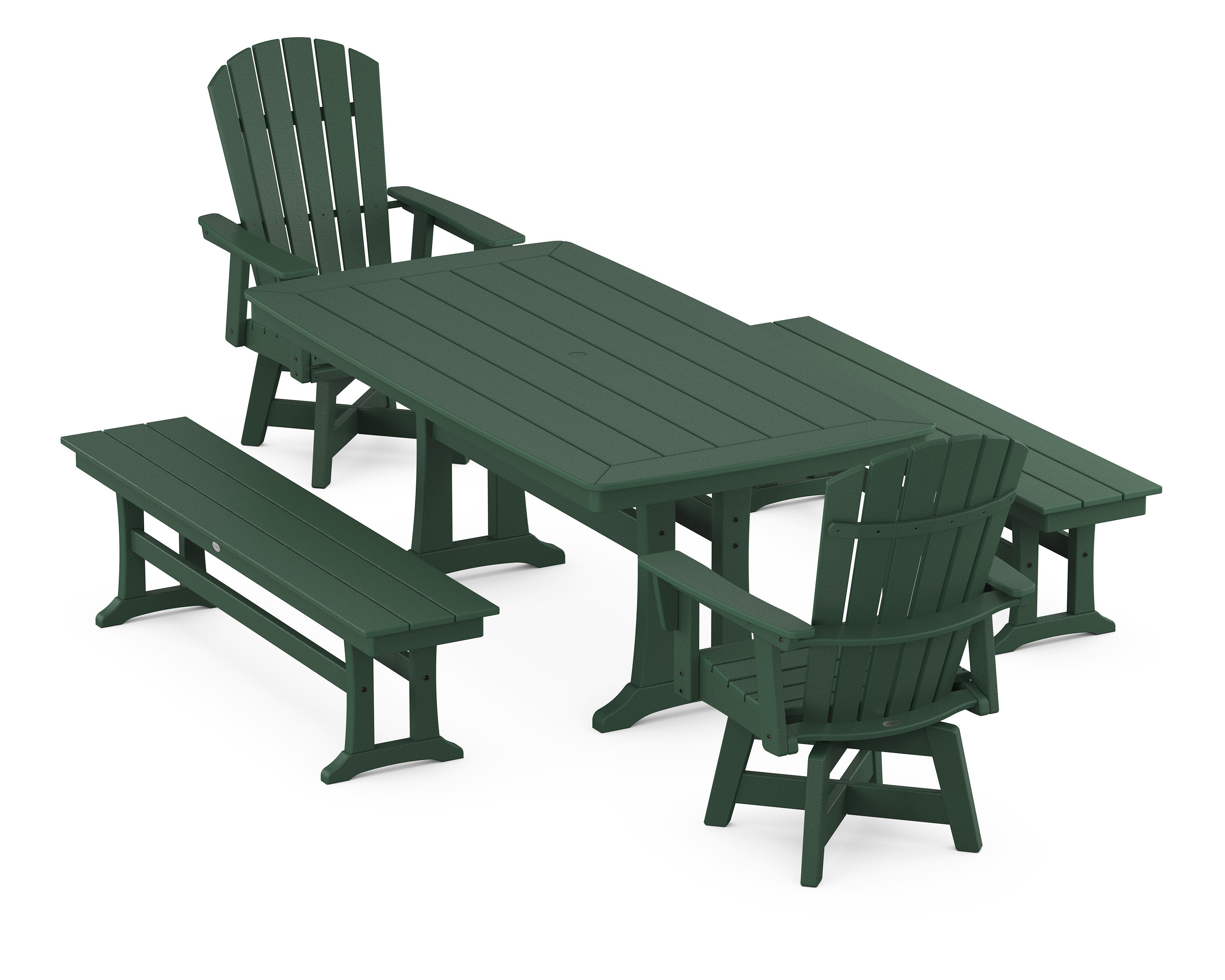 Nautical Curveback Adirondack Swivel Chair 5-Piece Dining Set with Trestle Legs and Benches in Green