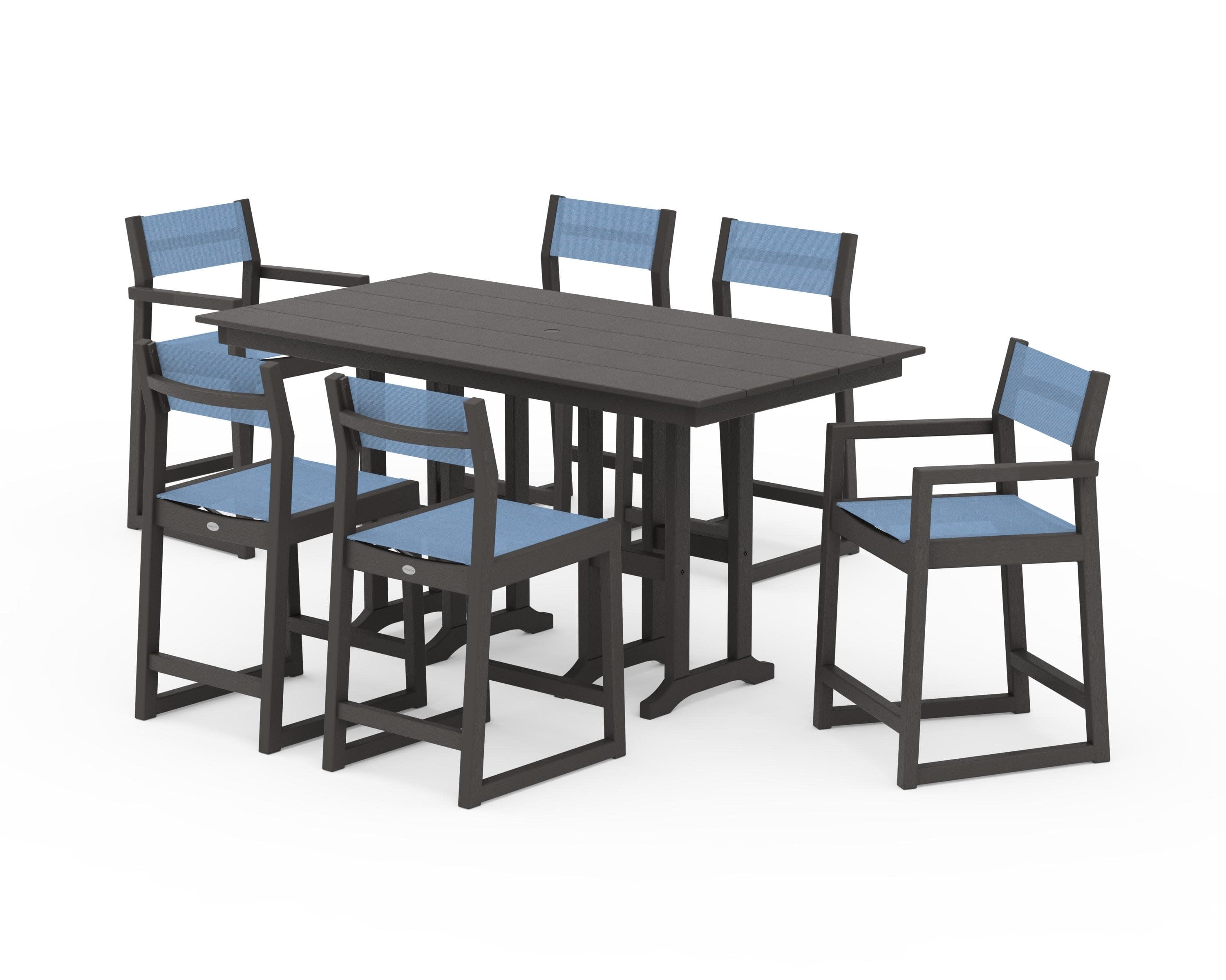 EDGE Sling 7-Piece Farmhouse Counter Set in Vintage Coffee / Poolside Sling
