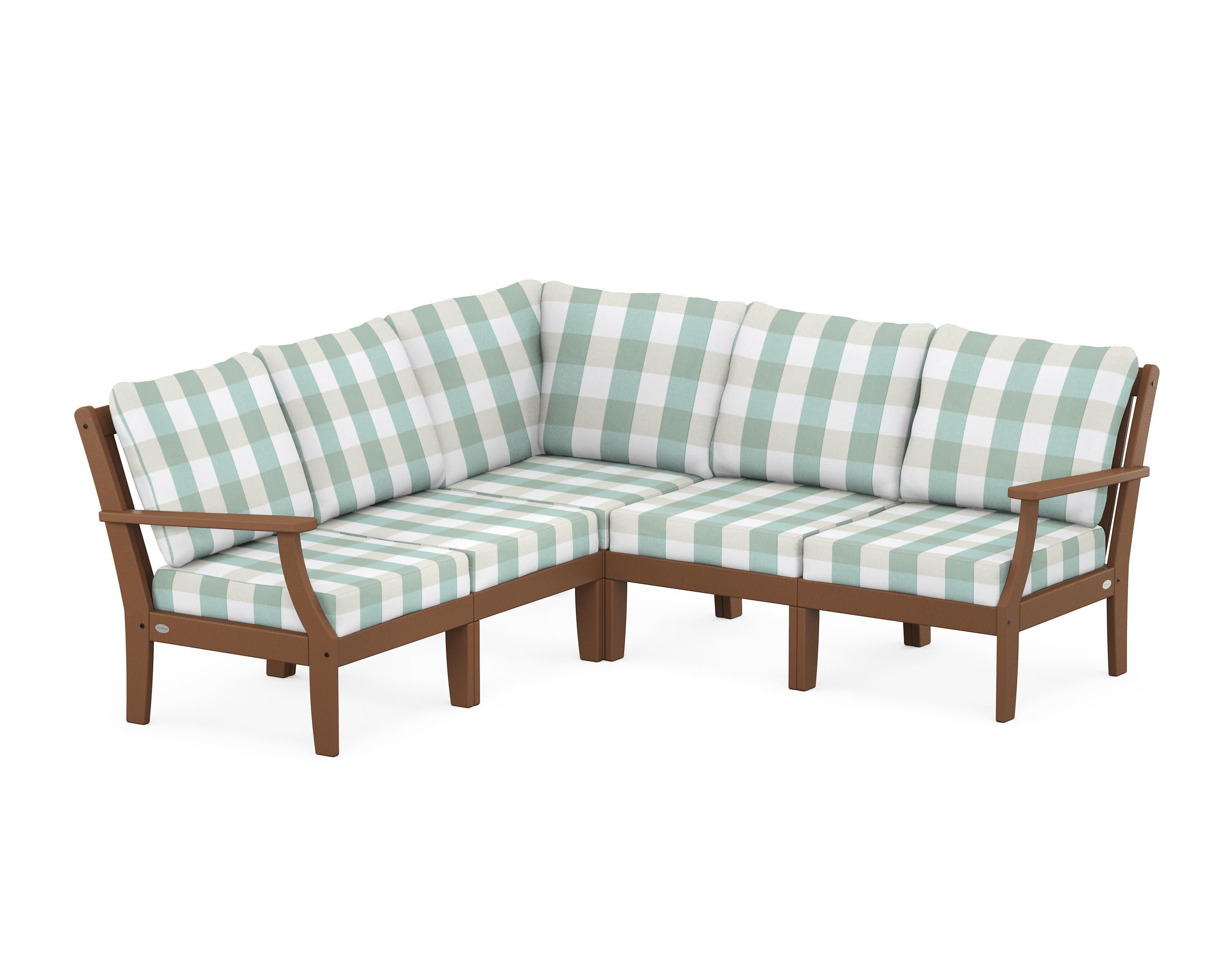 Braxton Modular 5-Piece Deep Seating Set in Teak / Buffalo Plaid Glacier Spa