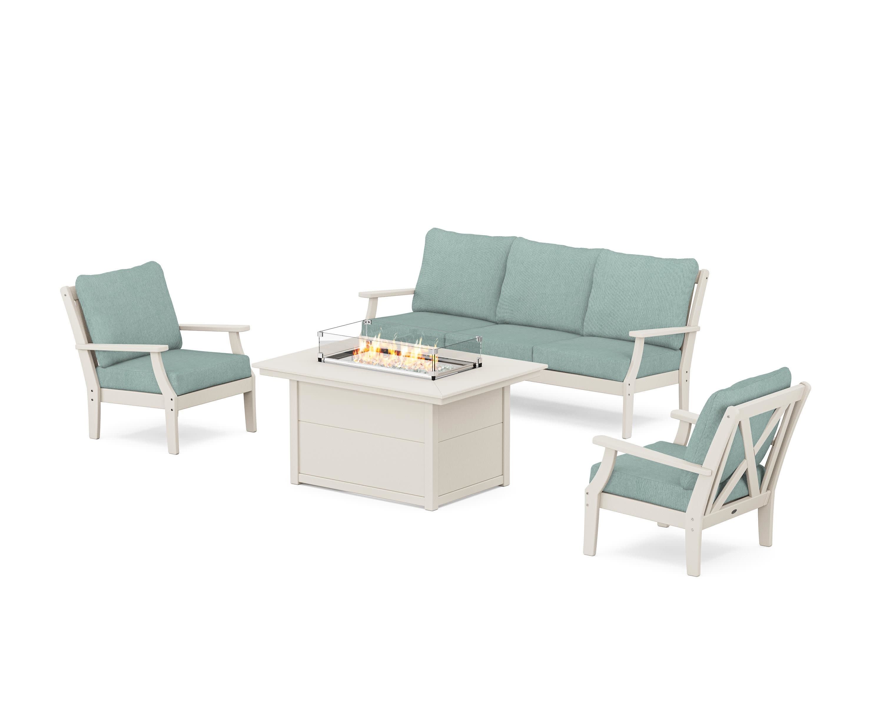 Braxton Deep Seating Fire Pit Table Set in Sand / Glacier Spa