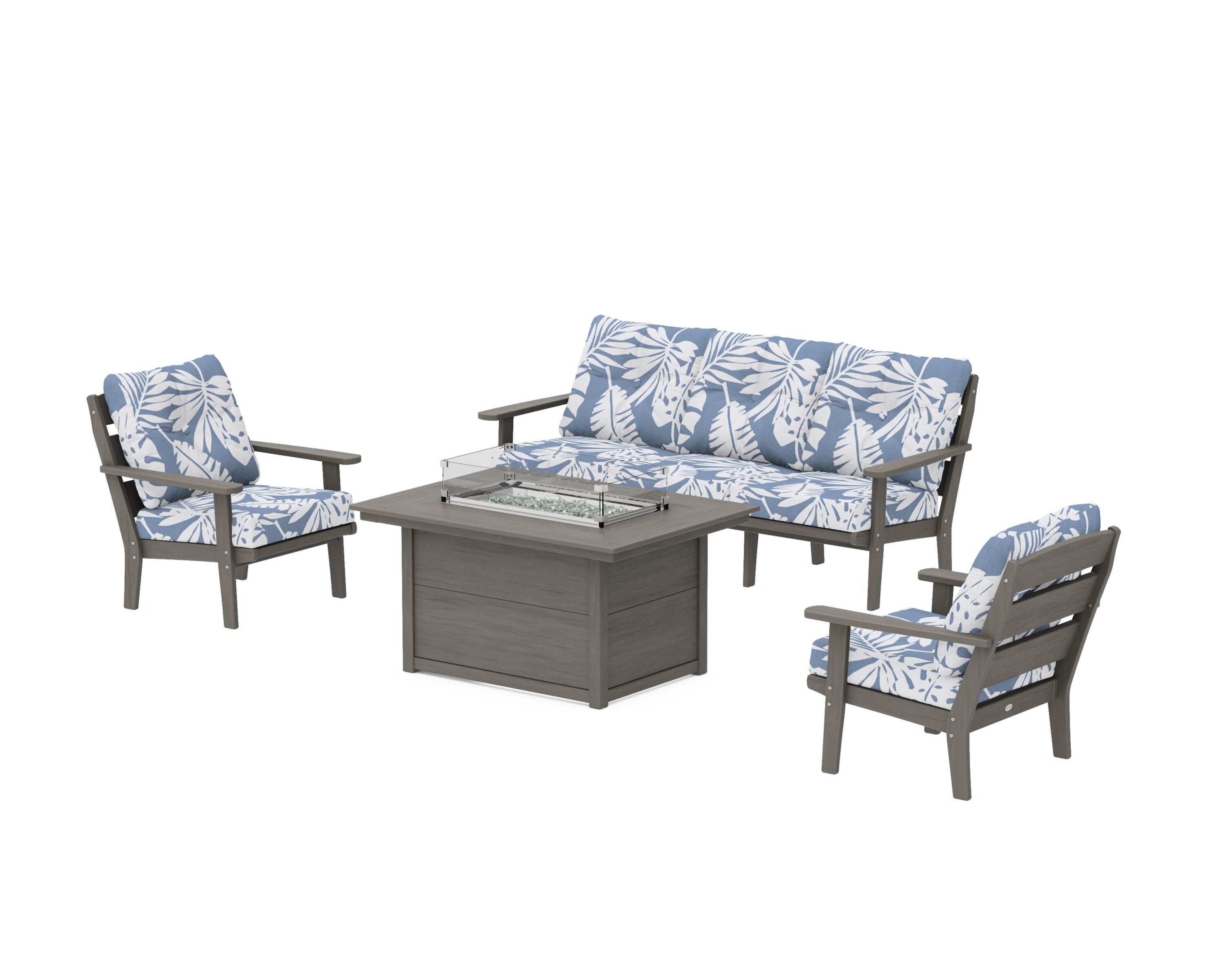 Lakeside Deep Seating Fire Pit Table Set in Driftwood / Leaf Sky Blue