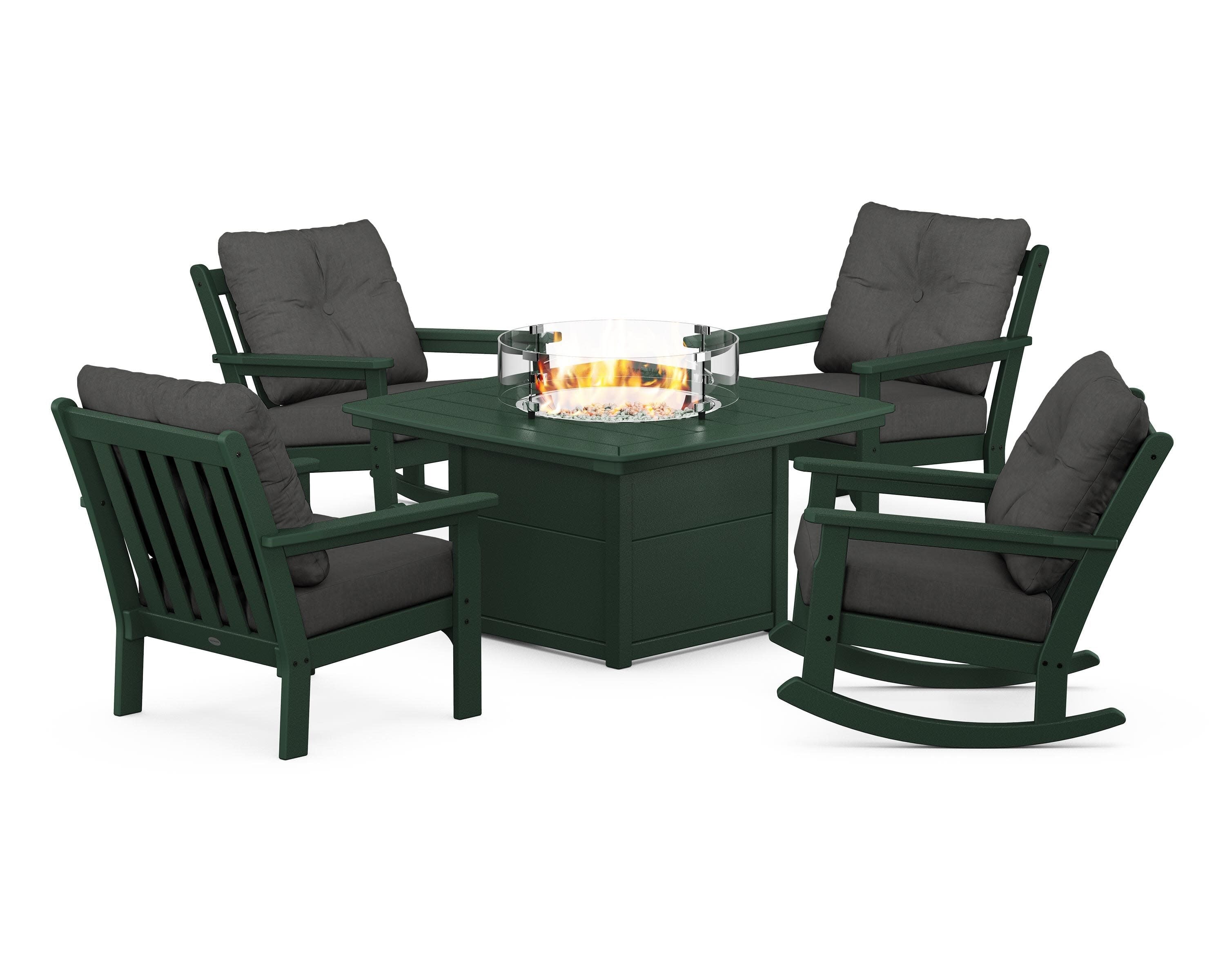 Vineyard 5-Piece Deep Seating Rocking Chair Conversation Set with Fire Pit Table in Green / Spectrum Carbon