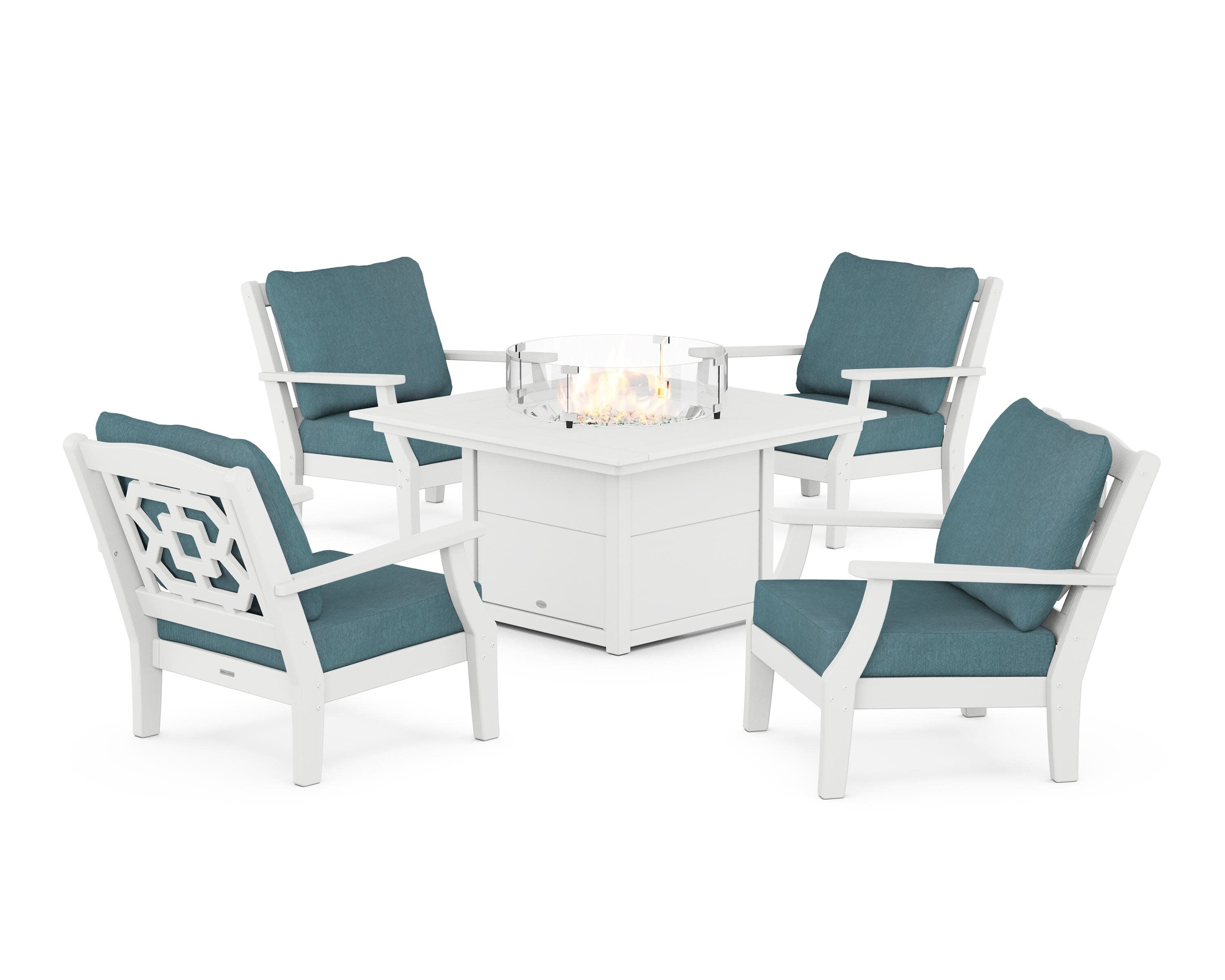 Chinoiserie 5-Piece Deep Seating Set with Fire Pit Table in White / Ocean Teal