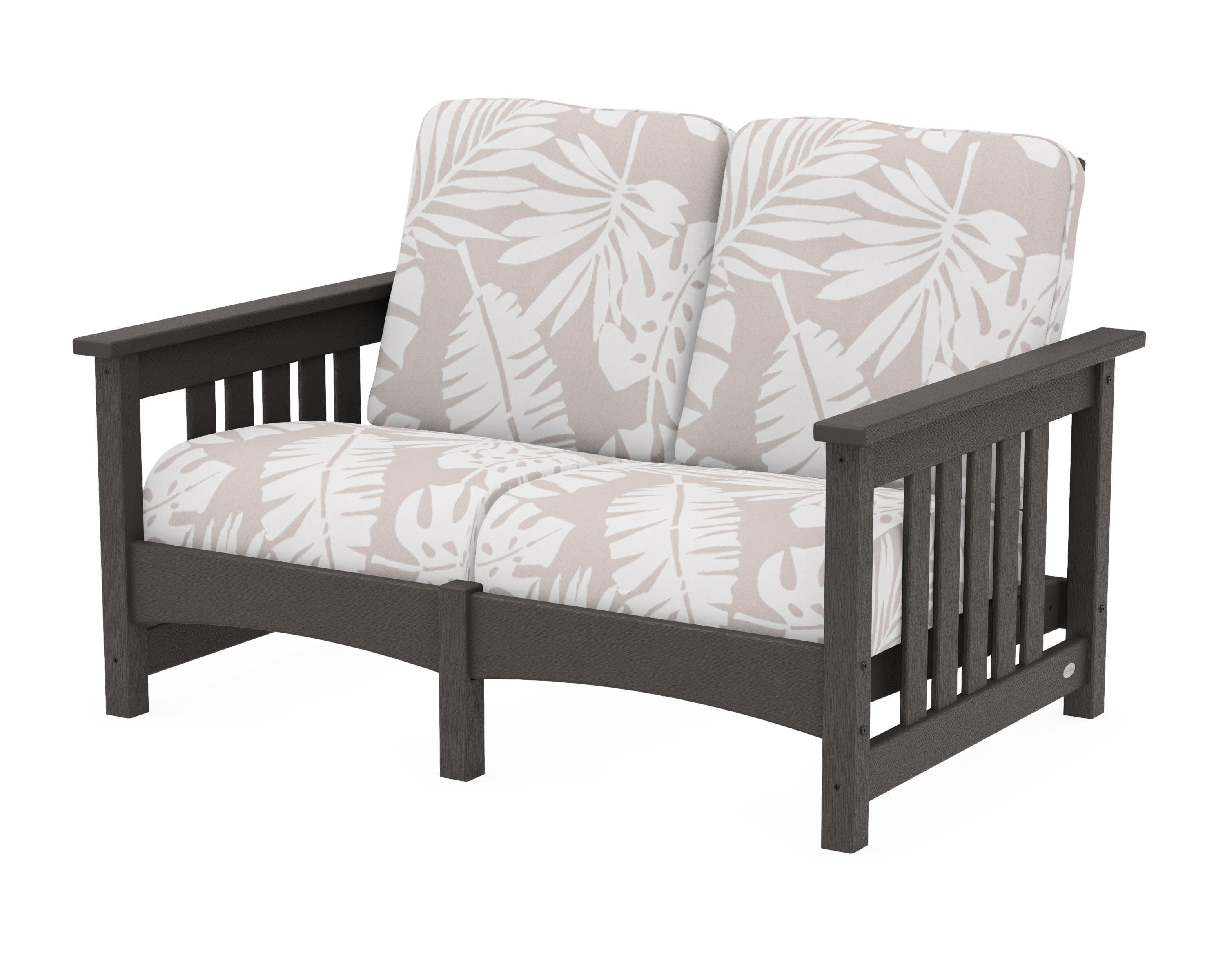 Club Mission Loveseat in Vintage Coffee / Leaf Dune Burlap