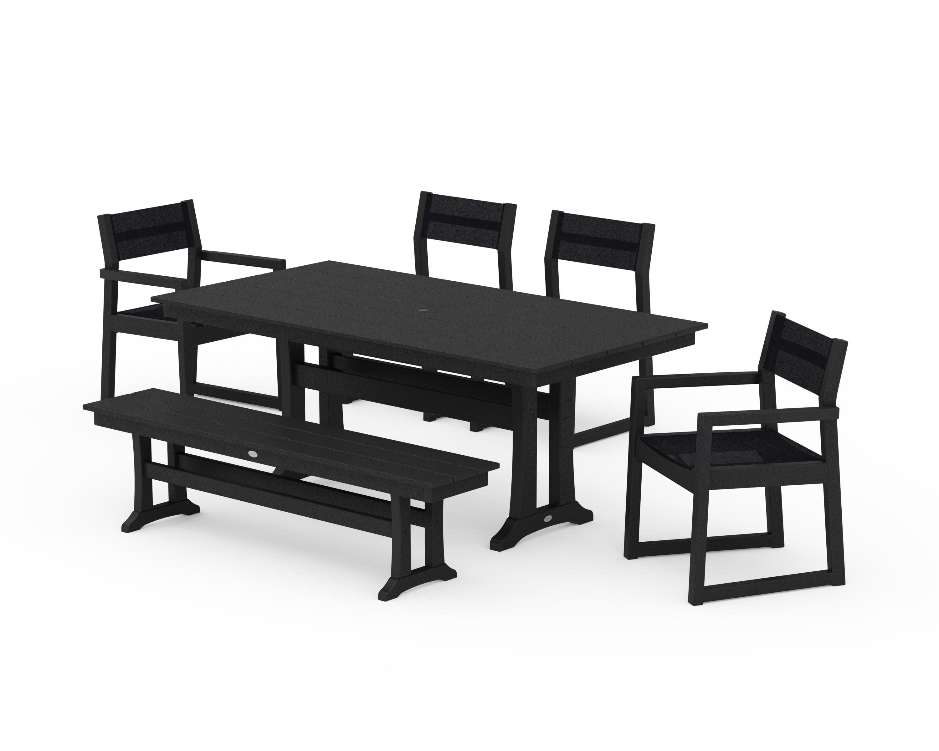 EDGE Sling 6-Piece Farmhouse Dining Set With Trestle Legs in Black / Black Sling