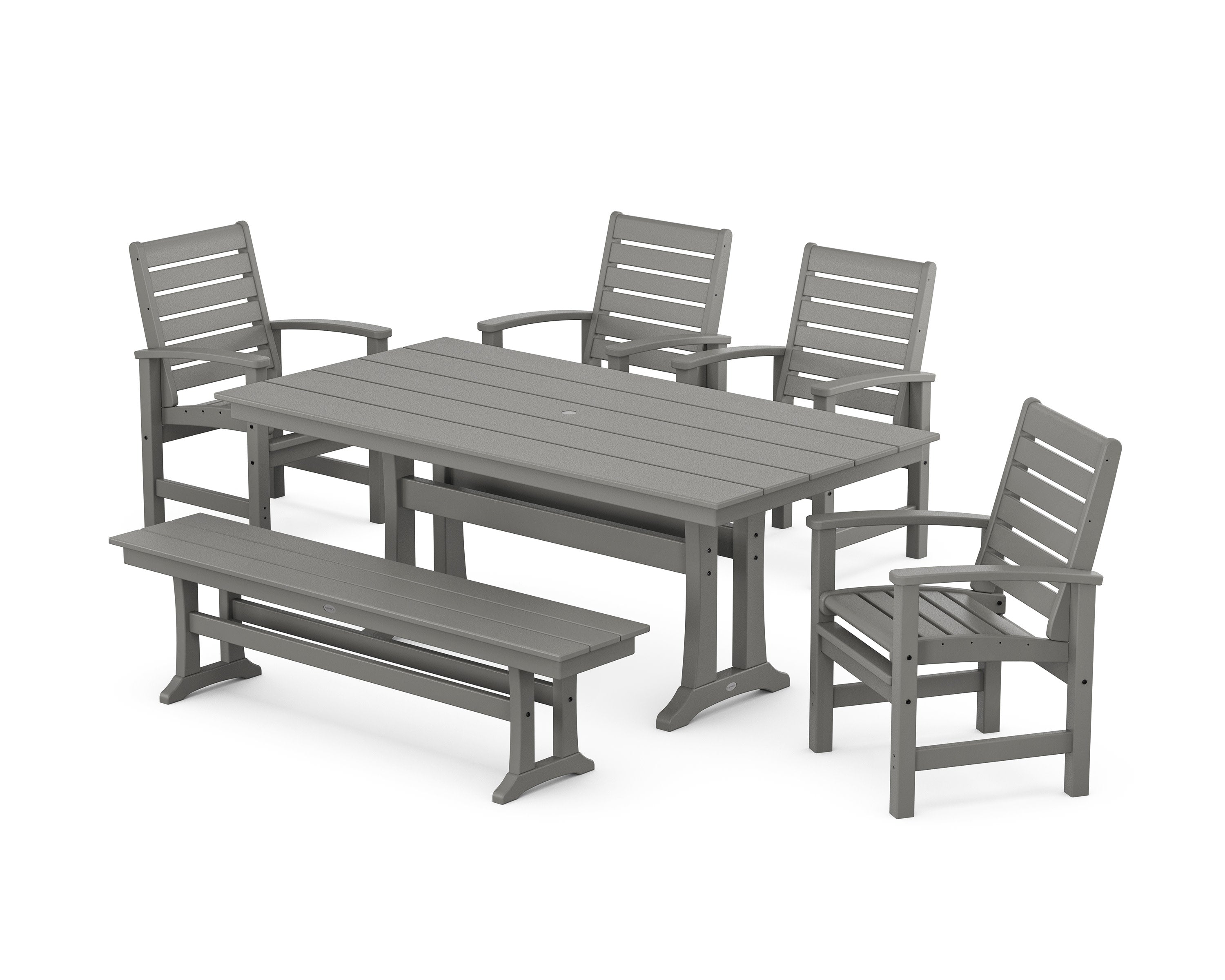 Signature 6-Piece Farmhouse Dining Set with Trestle Legs and Bench in Slate Grey