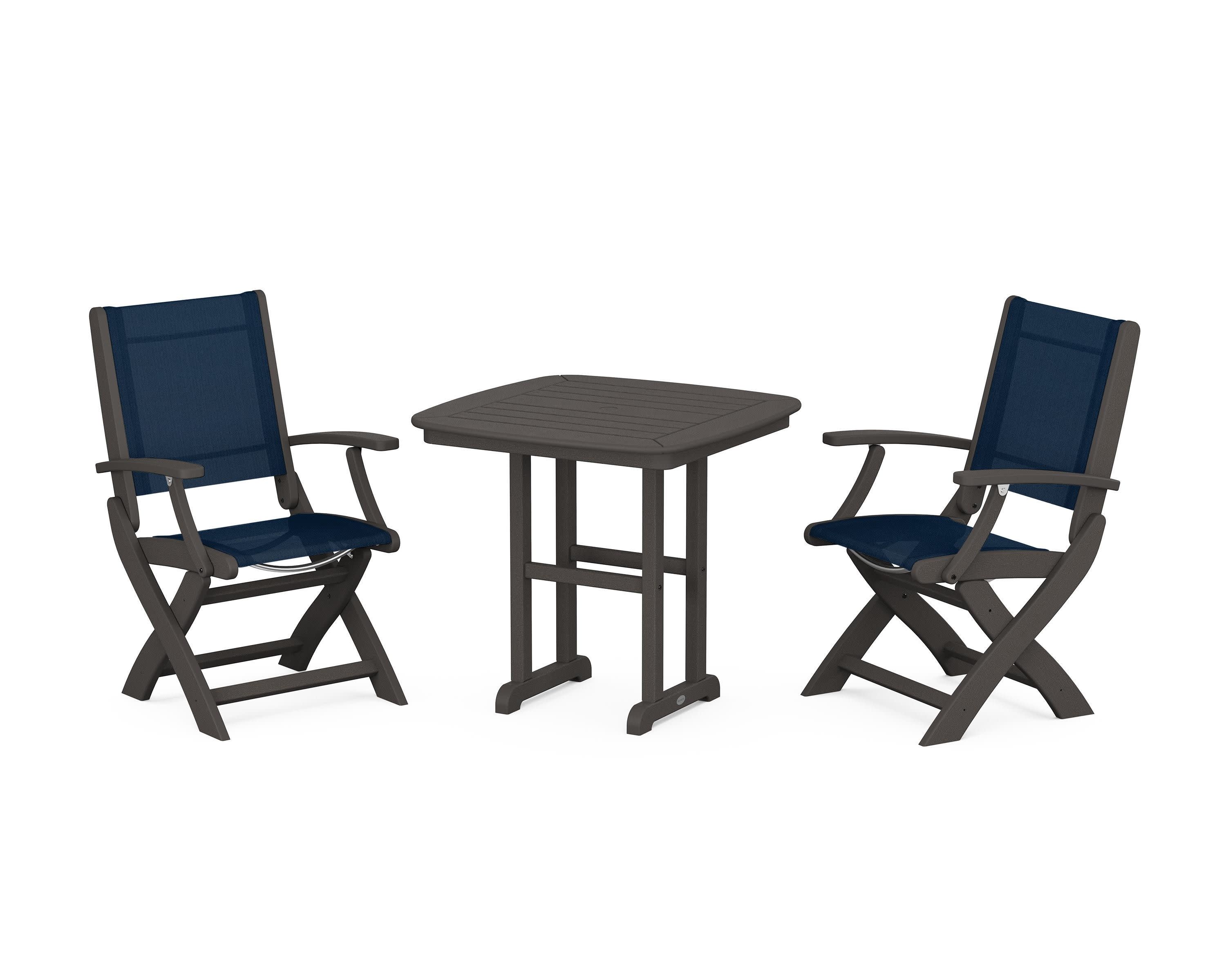 Coastal Folding Chair 3-Piece Dining Set in Vintage Coffee / Navy Blue Sling