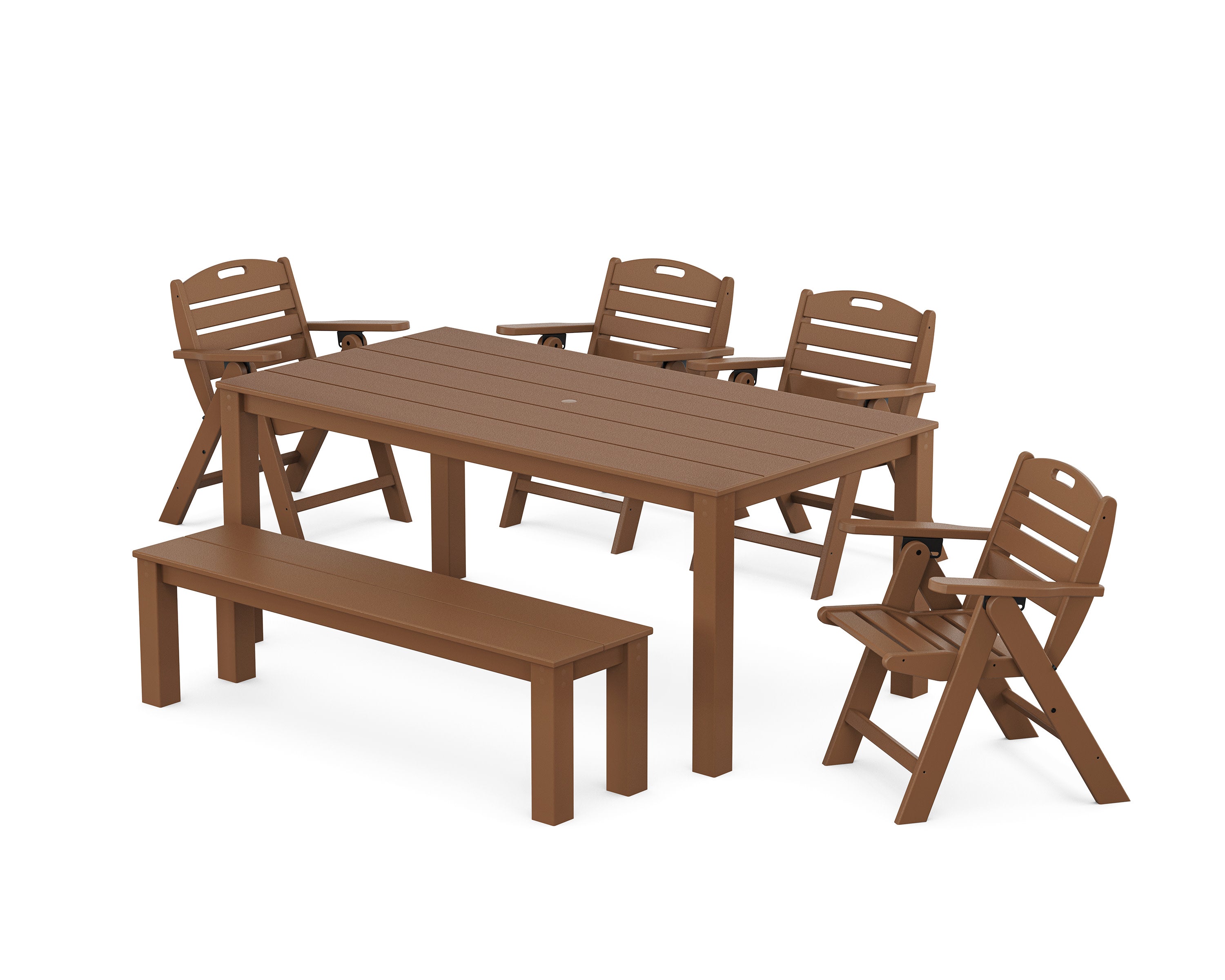 Nautical Folding Lowback Chair 6-Piece Parsons Dining Set with Bench in Teak