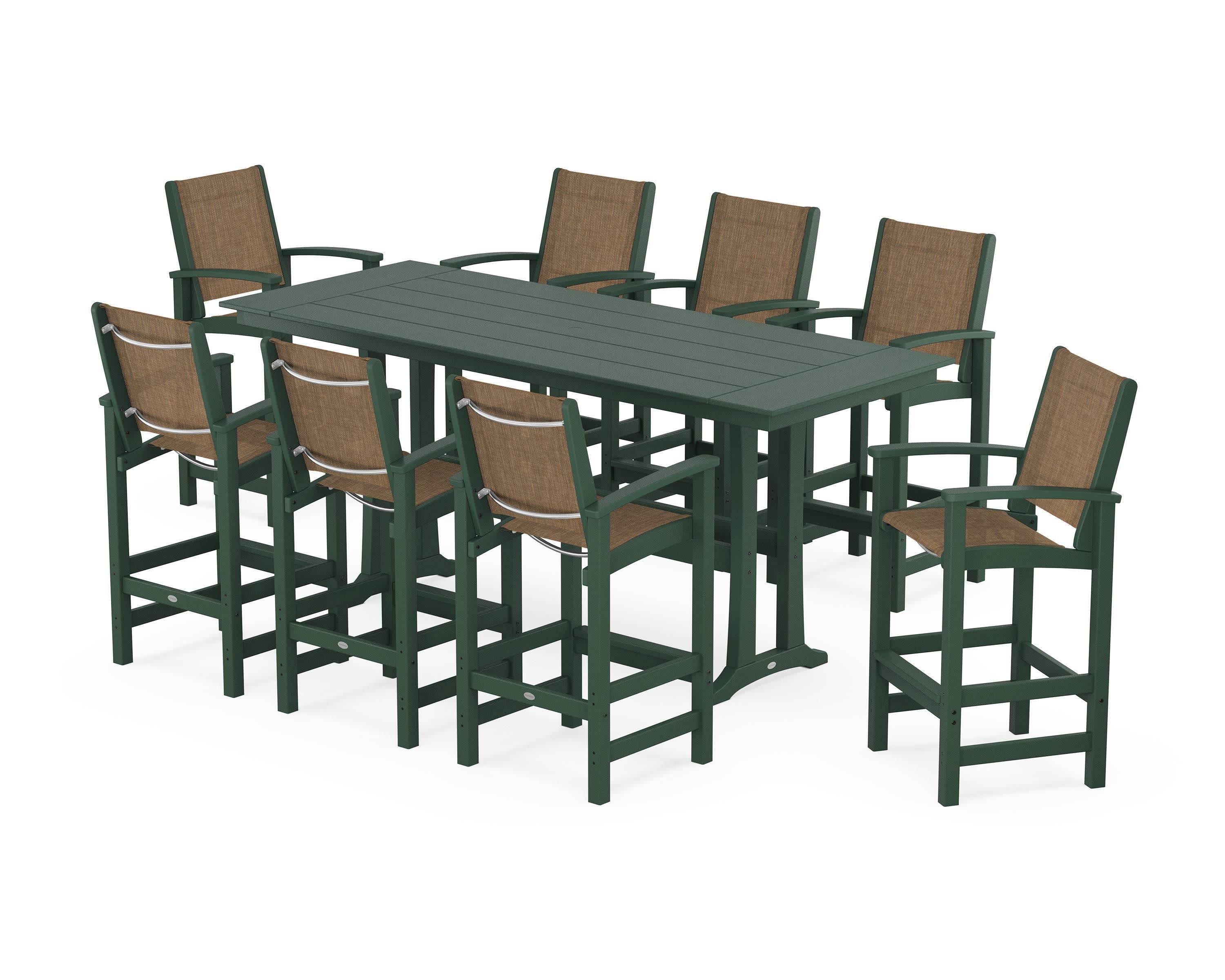 Coastal 9-Piece Farmhouse Bar Set with Trestle Legs in Green / Burlap Sling