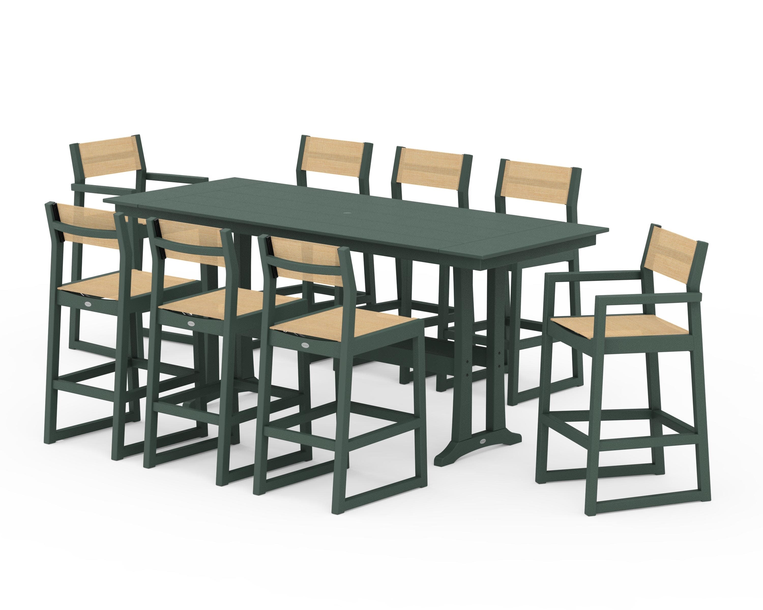 EDGE Sling 9-Piece Farmhouse Bar Set with Trestle Legs in Green / Dupioni Apricot Sling