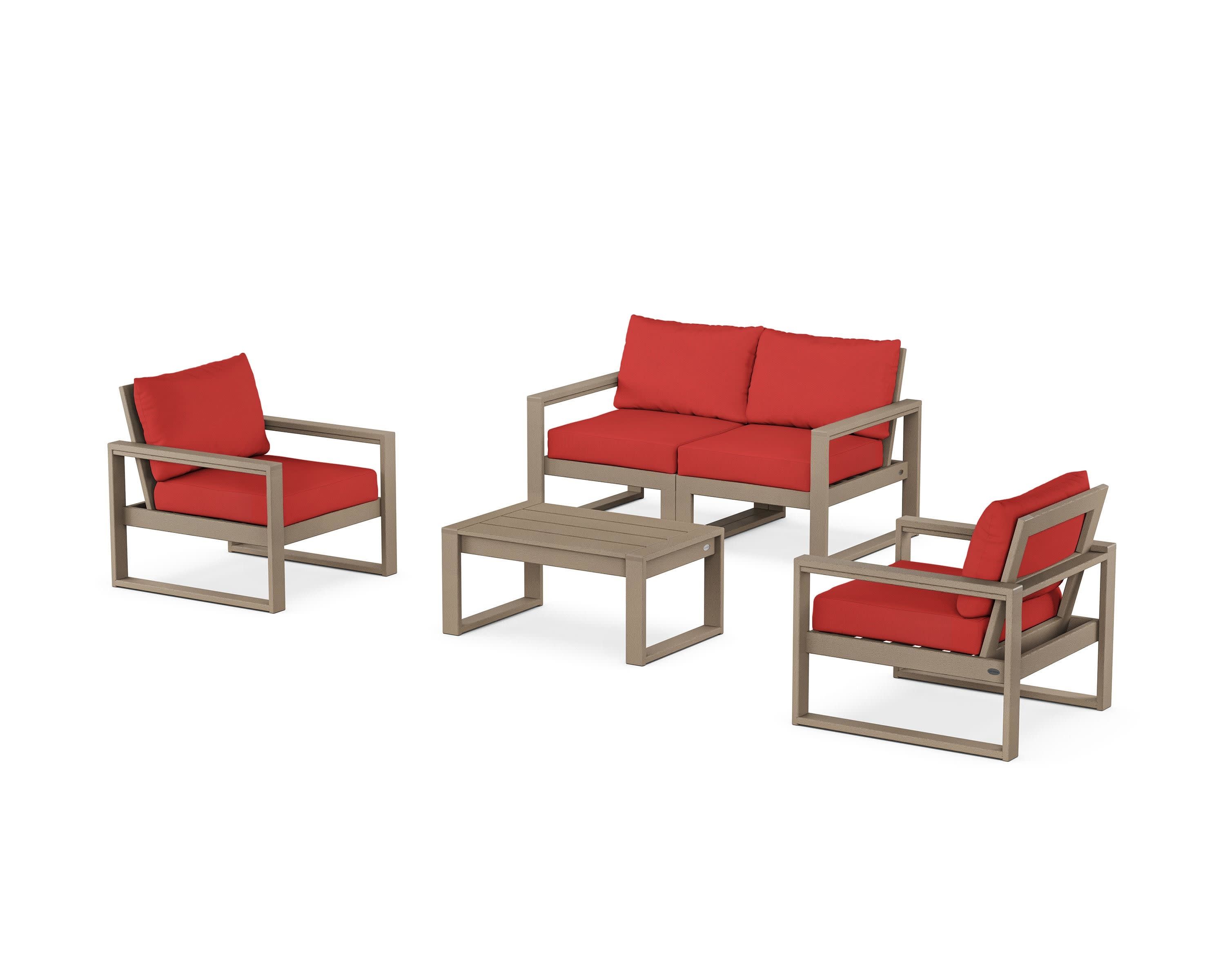 EDGE Sectional 4-Piece Deep Seating Set with Loveseat in Vintage Sahara / Crimson Linen