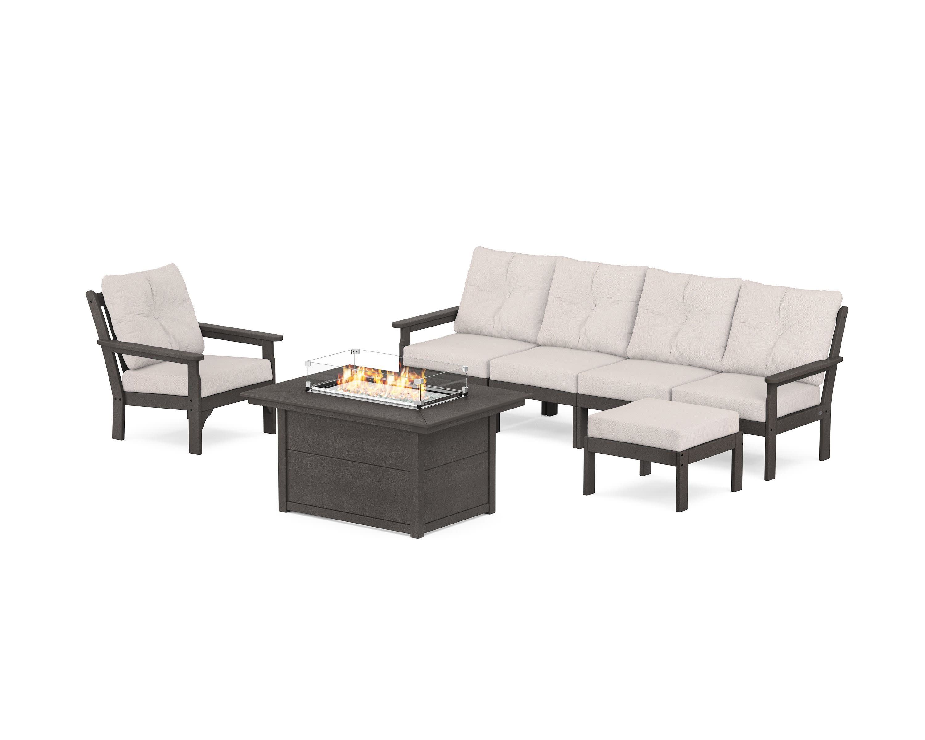 Vineyard Sectional Lounge and Fire Pit Set in Vintage Coffee / Dune Burlap