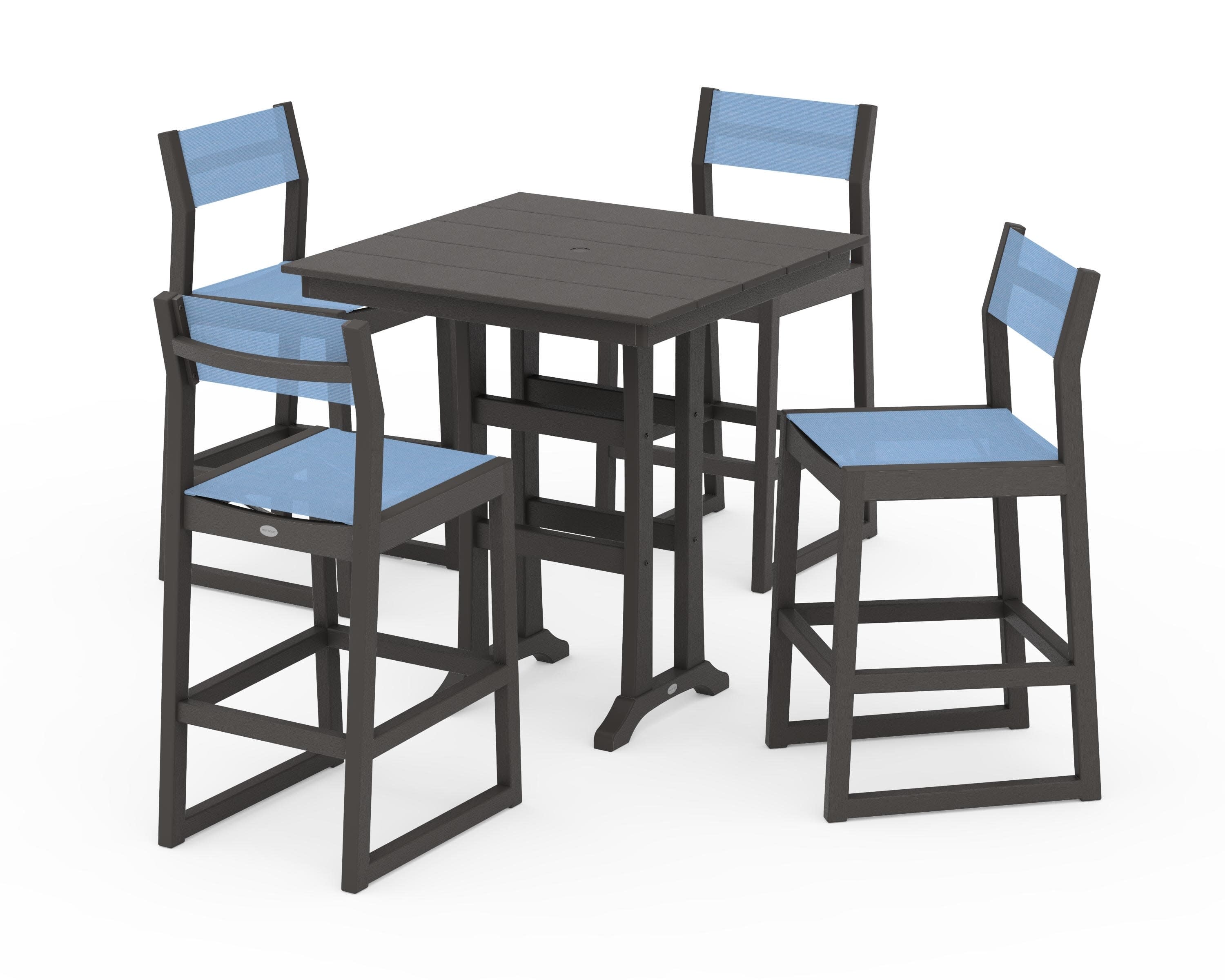 EDGE Sling Arm Chair 5-Piece Farmhouse Bar Set with Trestle Legs in Vintage Coffee / Poolside Sling
