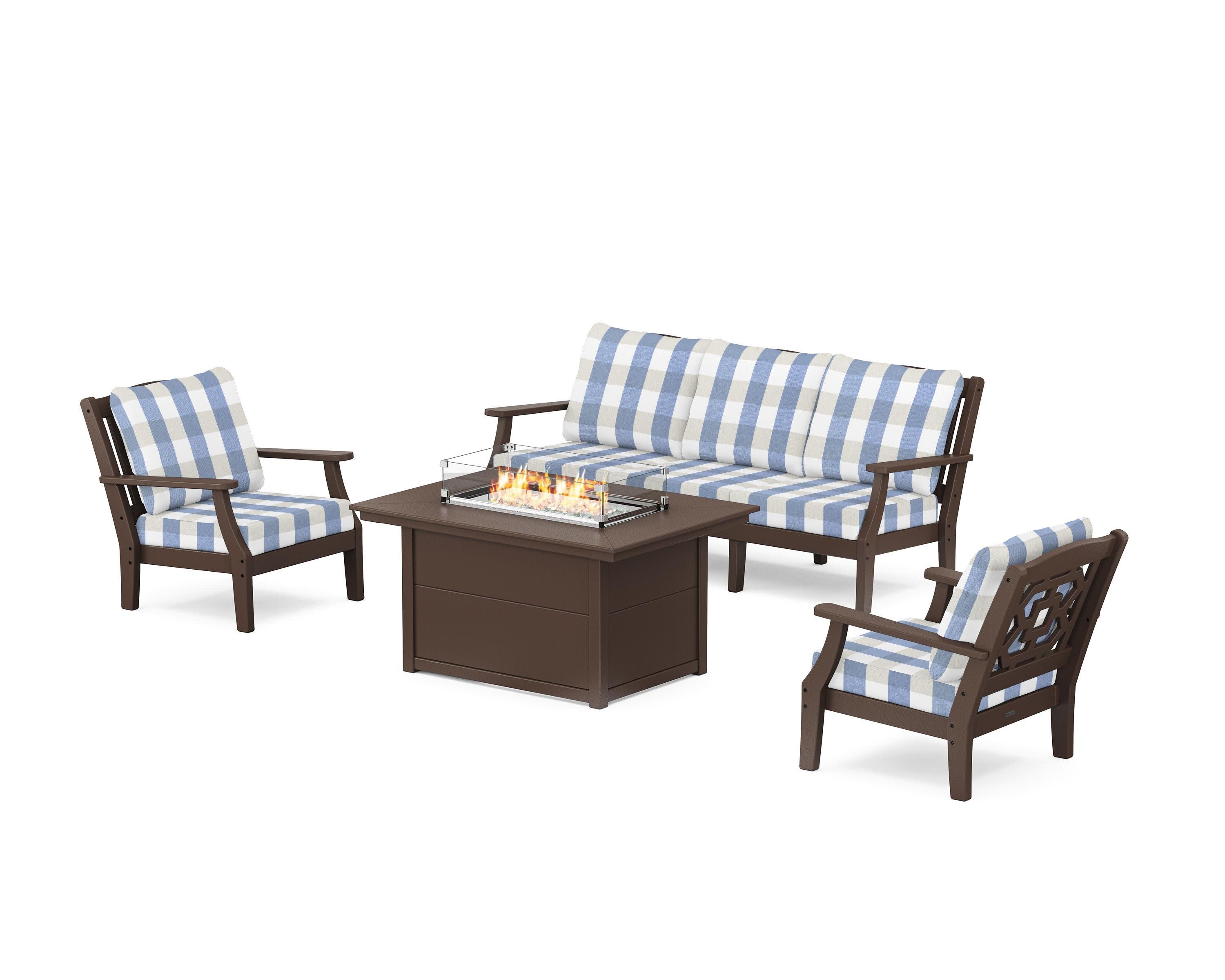 Chinoiserie Deep Seating Fire Pit Table Set in Mahogany / Buffalo Plaid Sky Blue