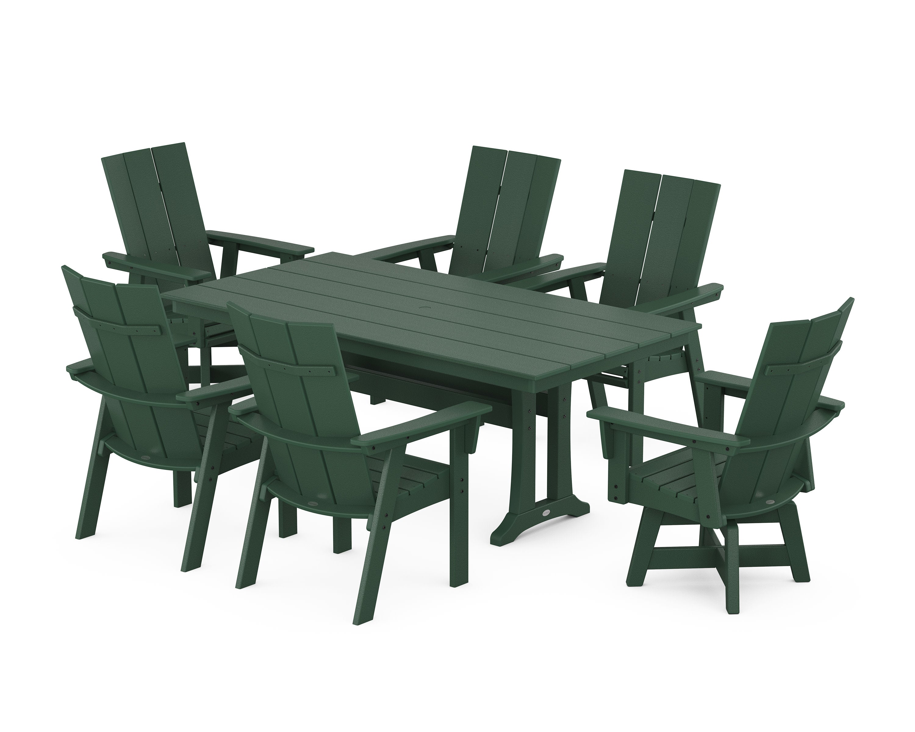 Modern Curveback Adirondack Swivel Chair 7-Piece Farmhouse Dining Set With Trestle Legs in Green