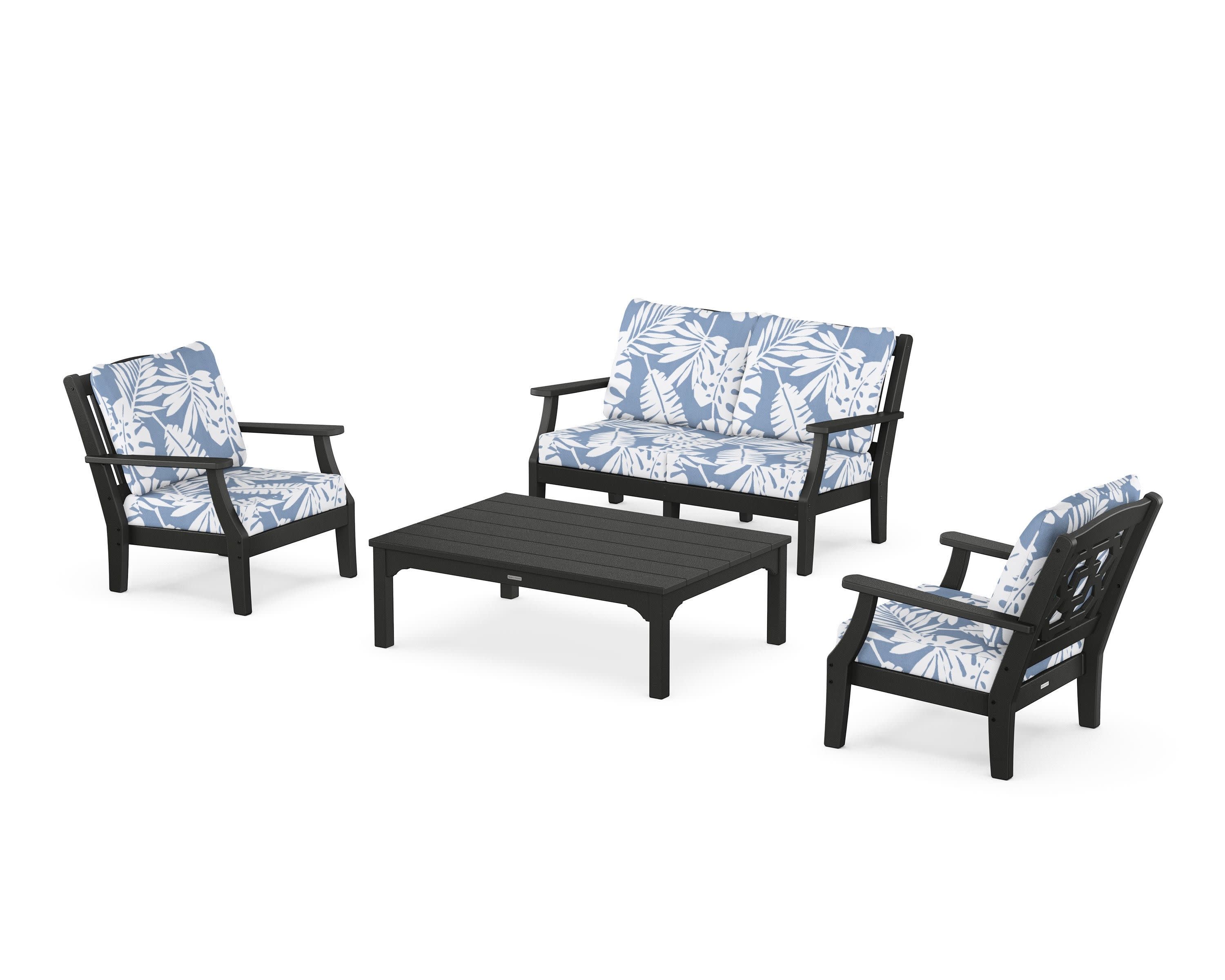 Chinoiserie 4-Piece Deep Seating Set with Loveseat in Black / Leaf Sky Blue