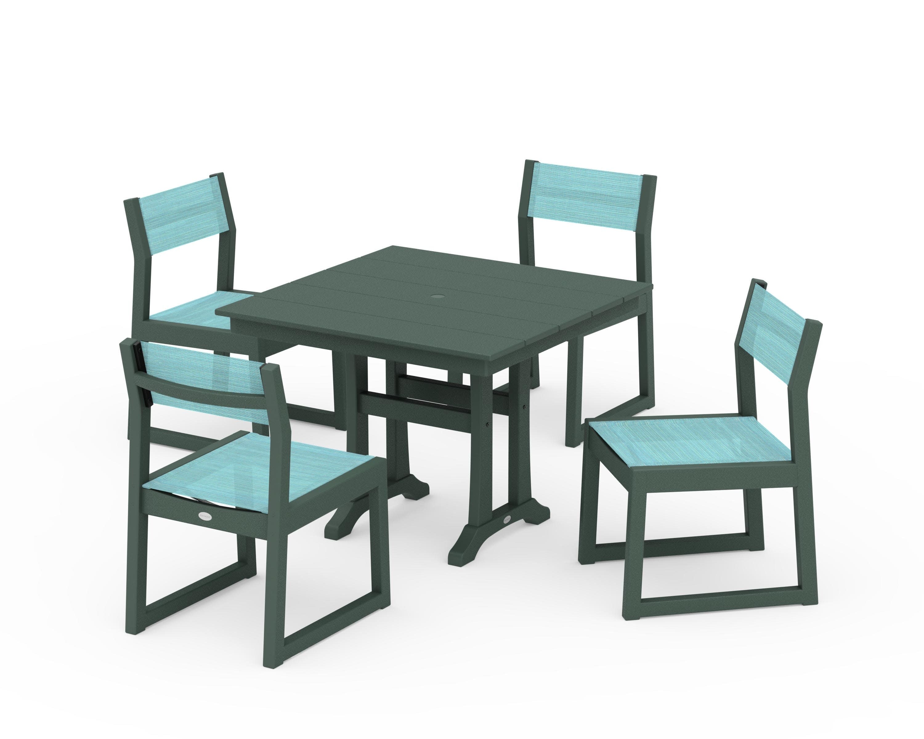 EDGE Sling 5-Piece Farmhouse Trestle Side Chair Dining Set in Green / Dupioni Aquamarine Sling