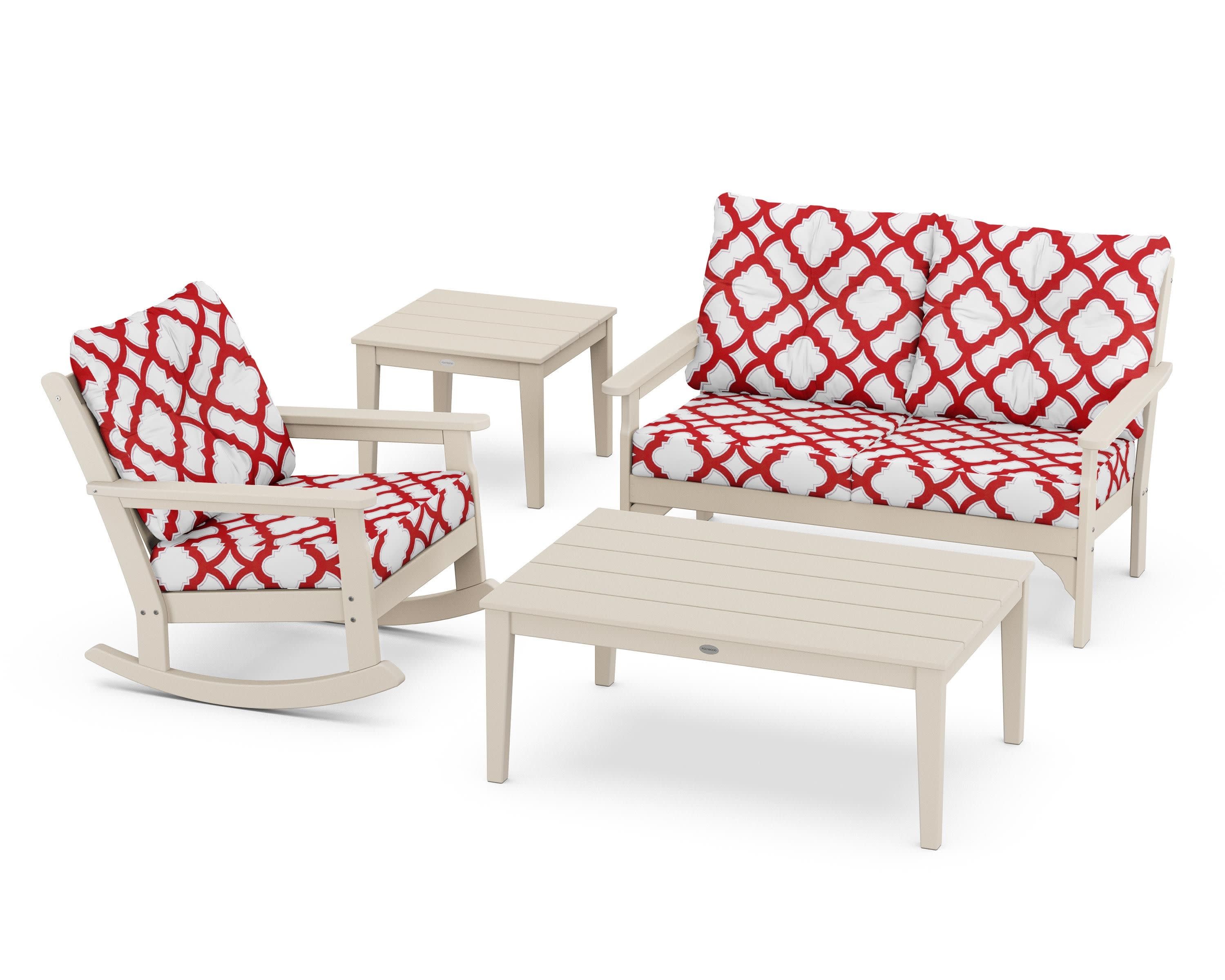 Vineyard 4-Piece Deep Seating Rocker Set in Sand / Trellis Crimson