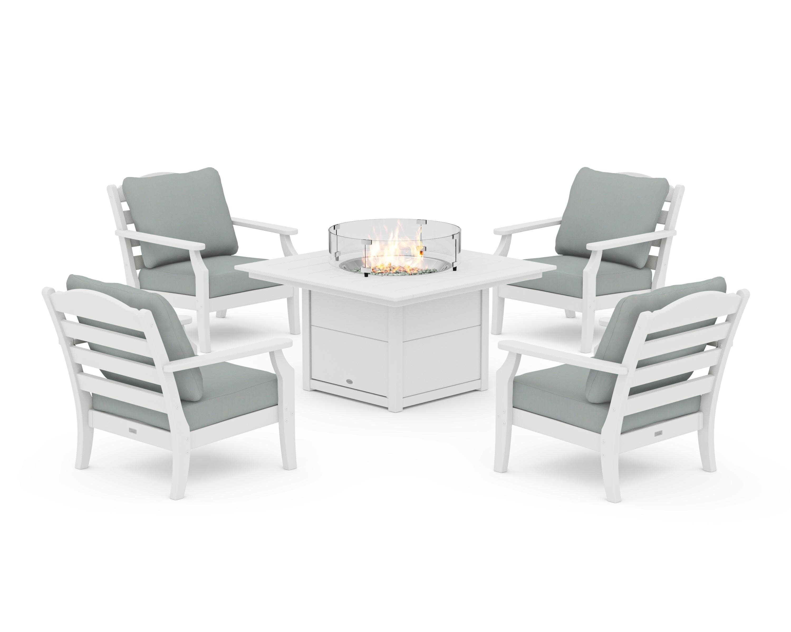 Savannah 5-Piece Deep Seating Set with Fire Pit Table in White / Spa