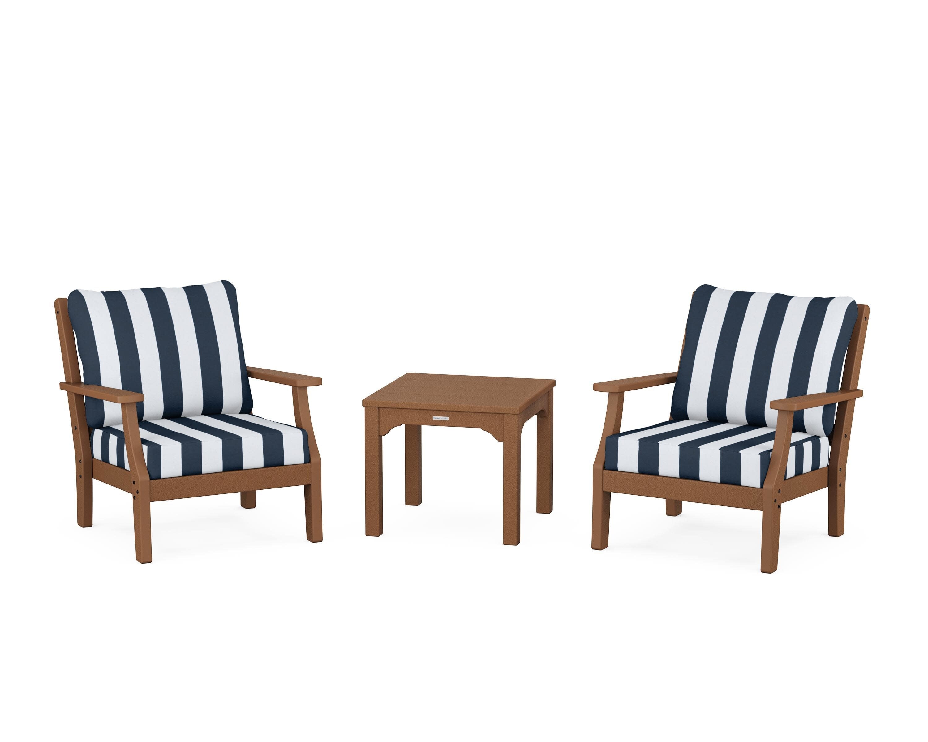 Chinoiserie 3-Piece Deep Seating Set in Teak / Cabana Stripe Marine Indigo