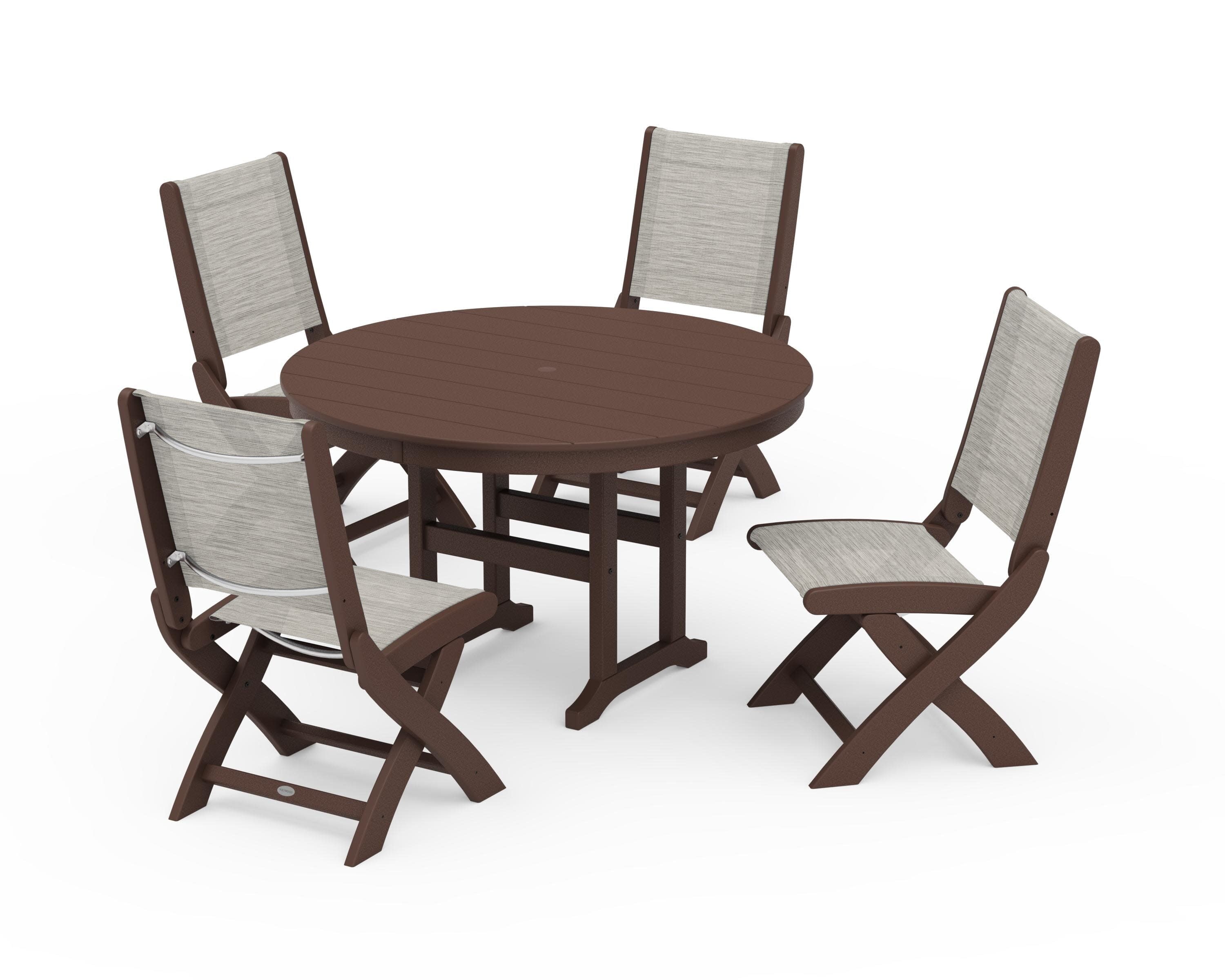 Coastal Folding Side Chair 5-Piece Round Dining Set in Mahogany / Birch Sling