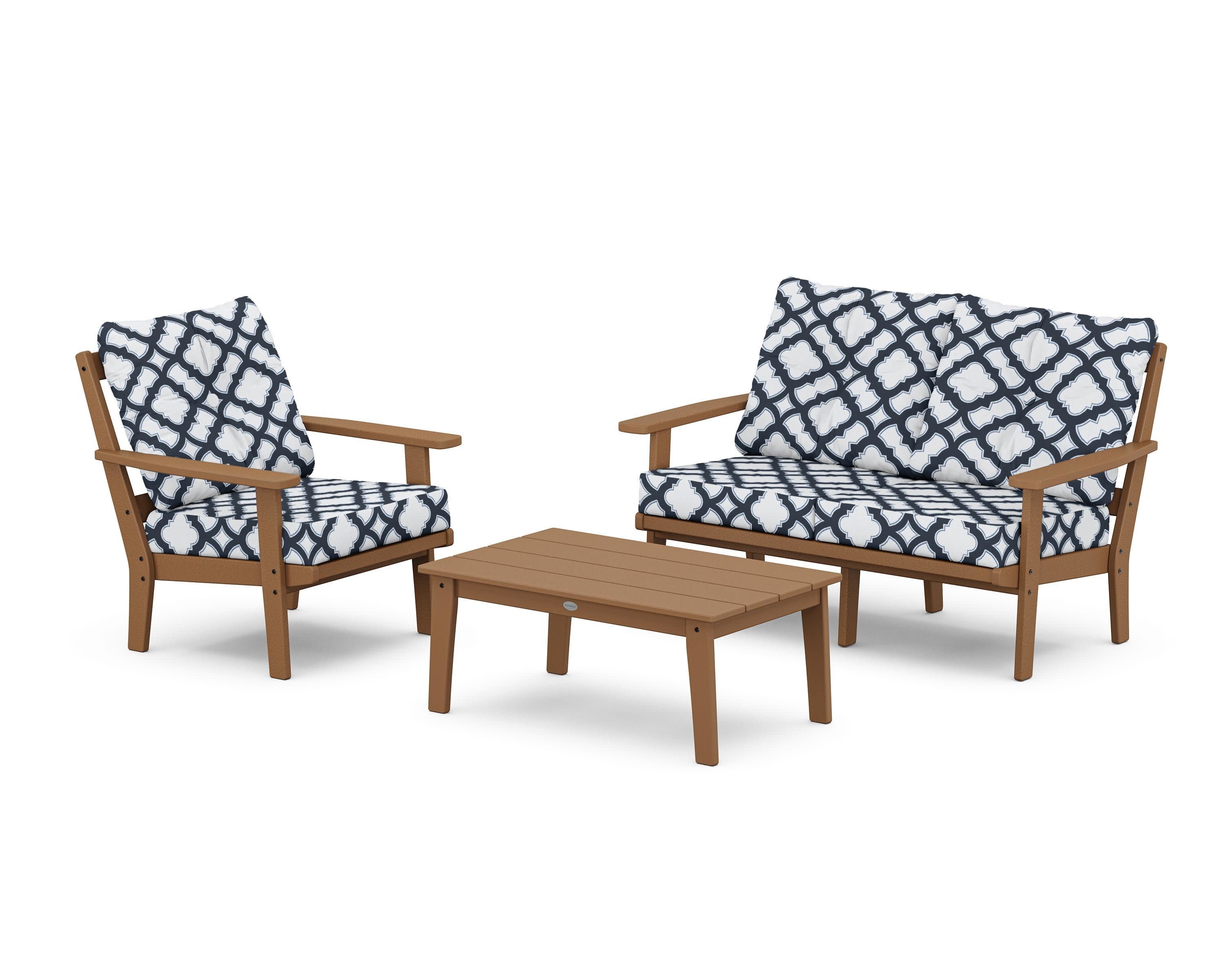 Oxford 3-Piece Deep Seating Set with Loveseat in Teak / Trellis Marine Indigo