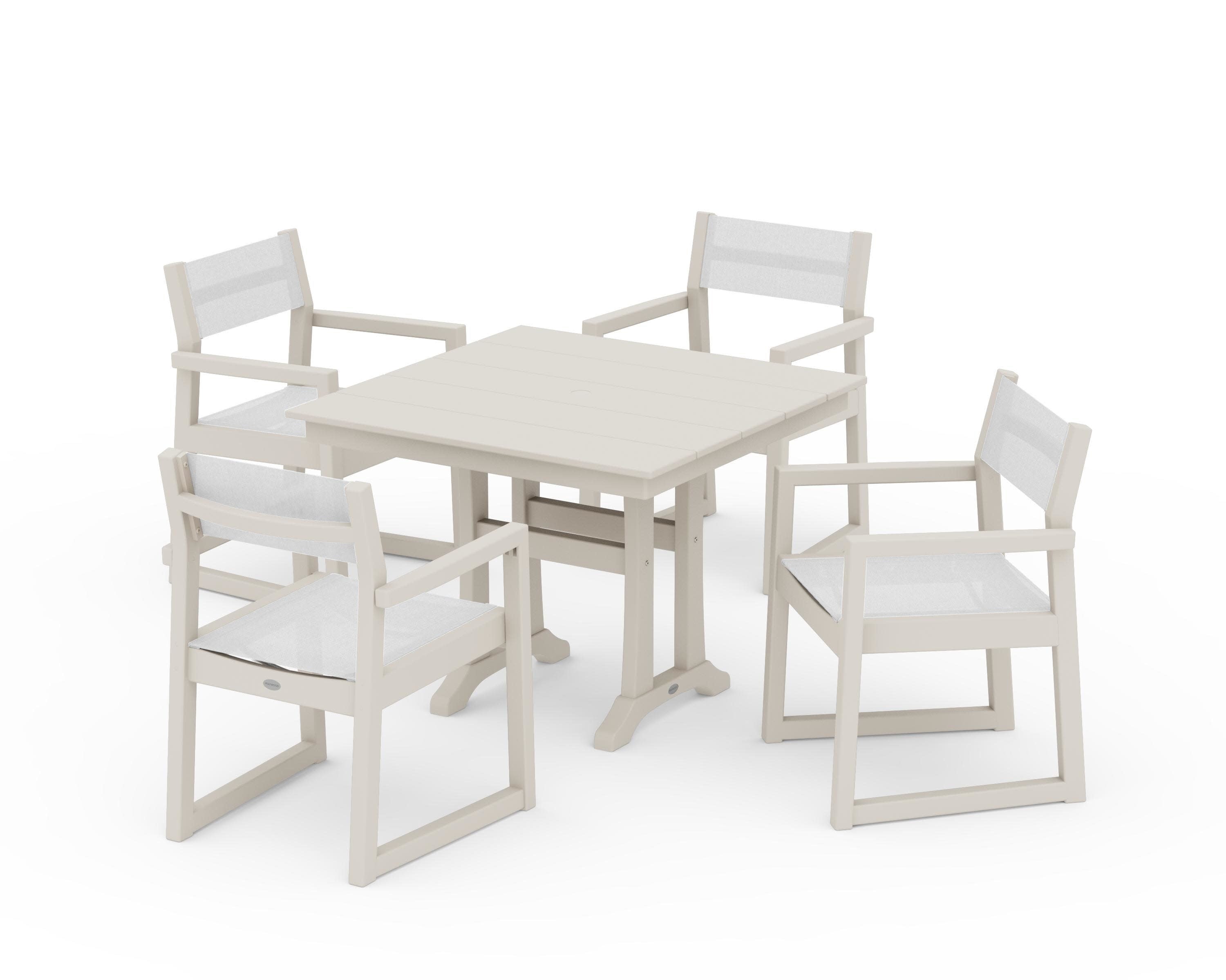 EDGE Sling 5-Piece Farmhouse Dining Set with Trestle Legs in Sand / White Sling