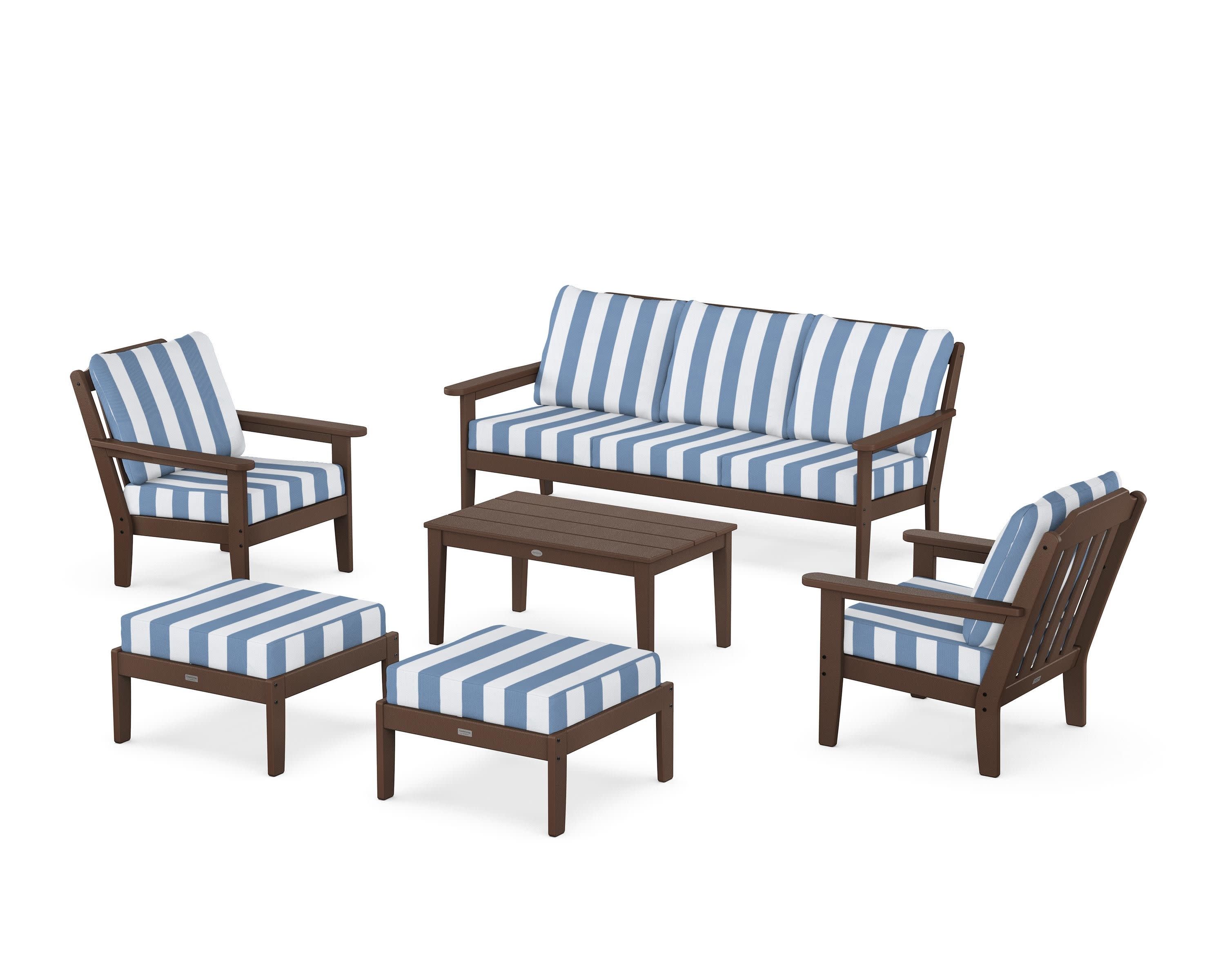 Cottage 6-Piece Lounge Sofa Set in Mahogany / Cabana Stripe Sky Blue