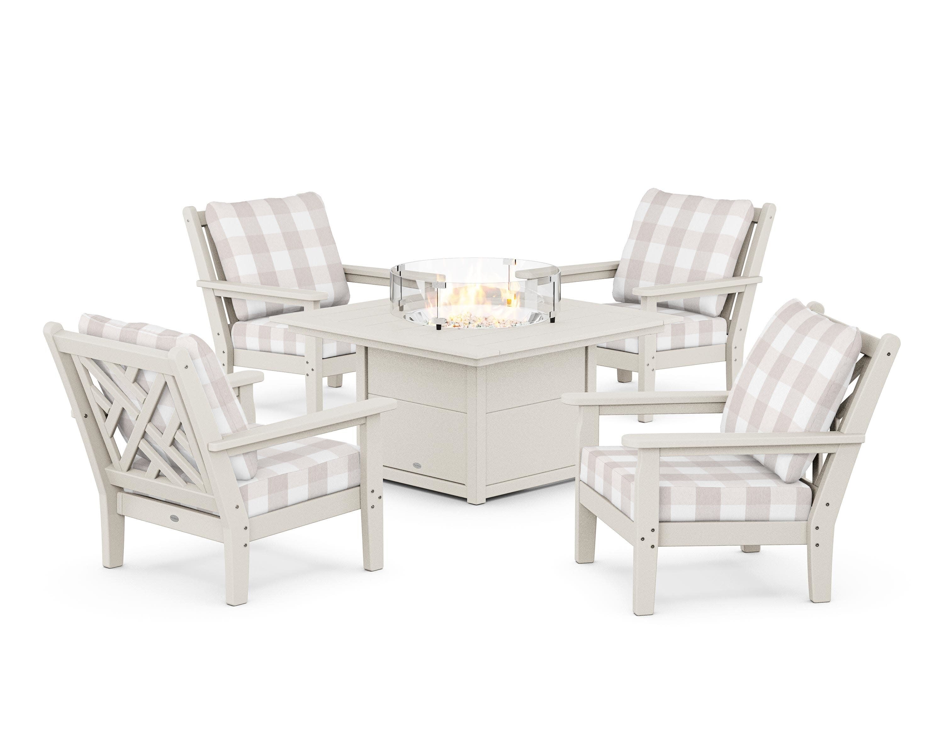 Chippendale 5-Piece Deep Seating Set with Fire Pit Table in Sand / Buffalo Plaid Dune Burlap