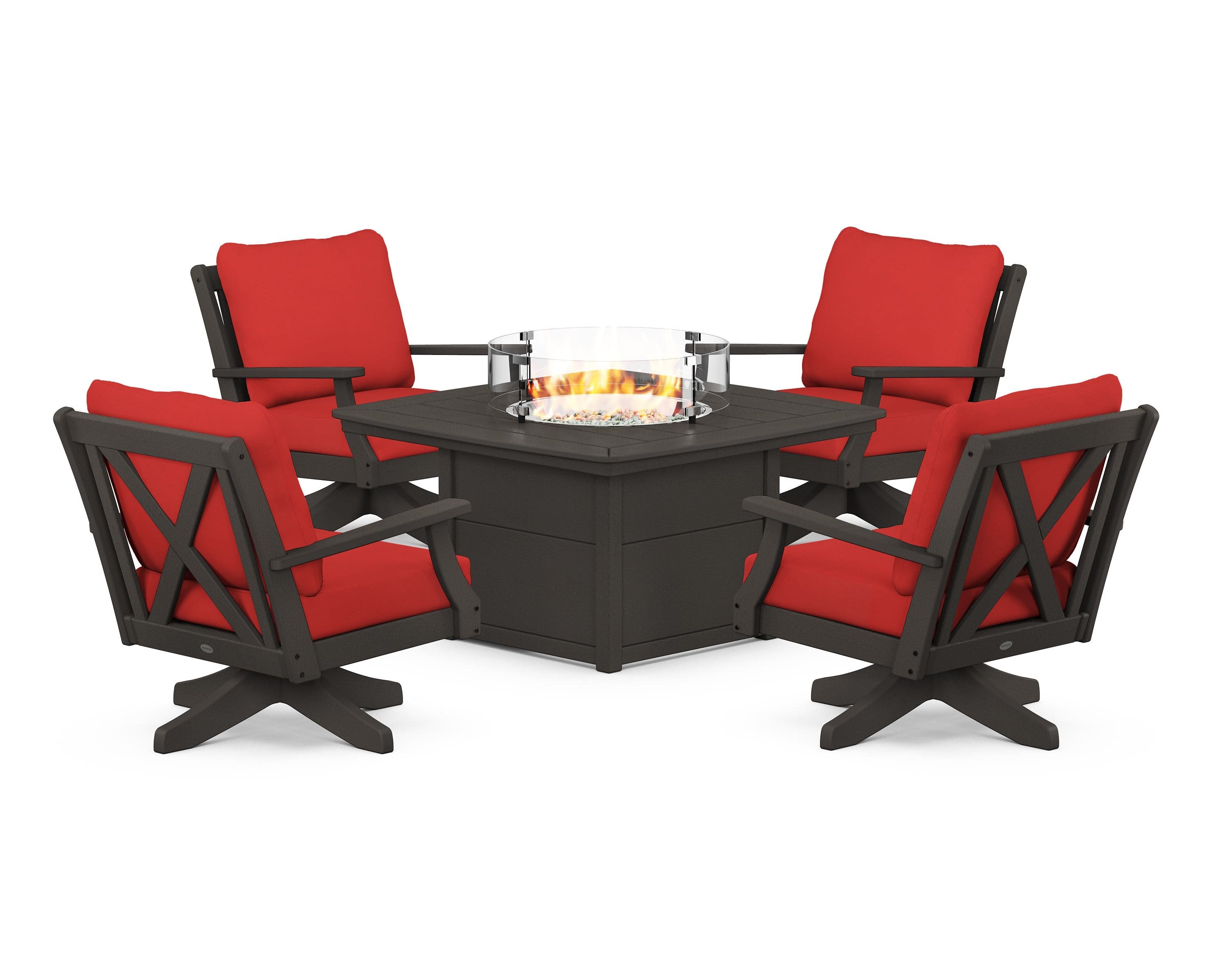 Braxton 5-Piece Deep Seating Swivel Conversation Set with Fire Pit Table in Vintage Coffee / Crimson Linen