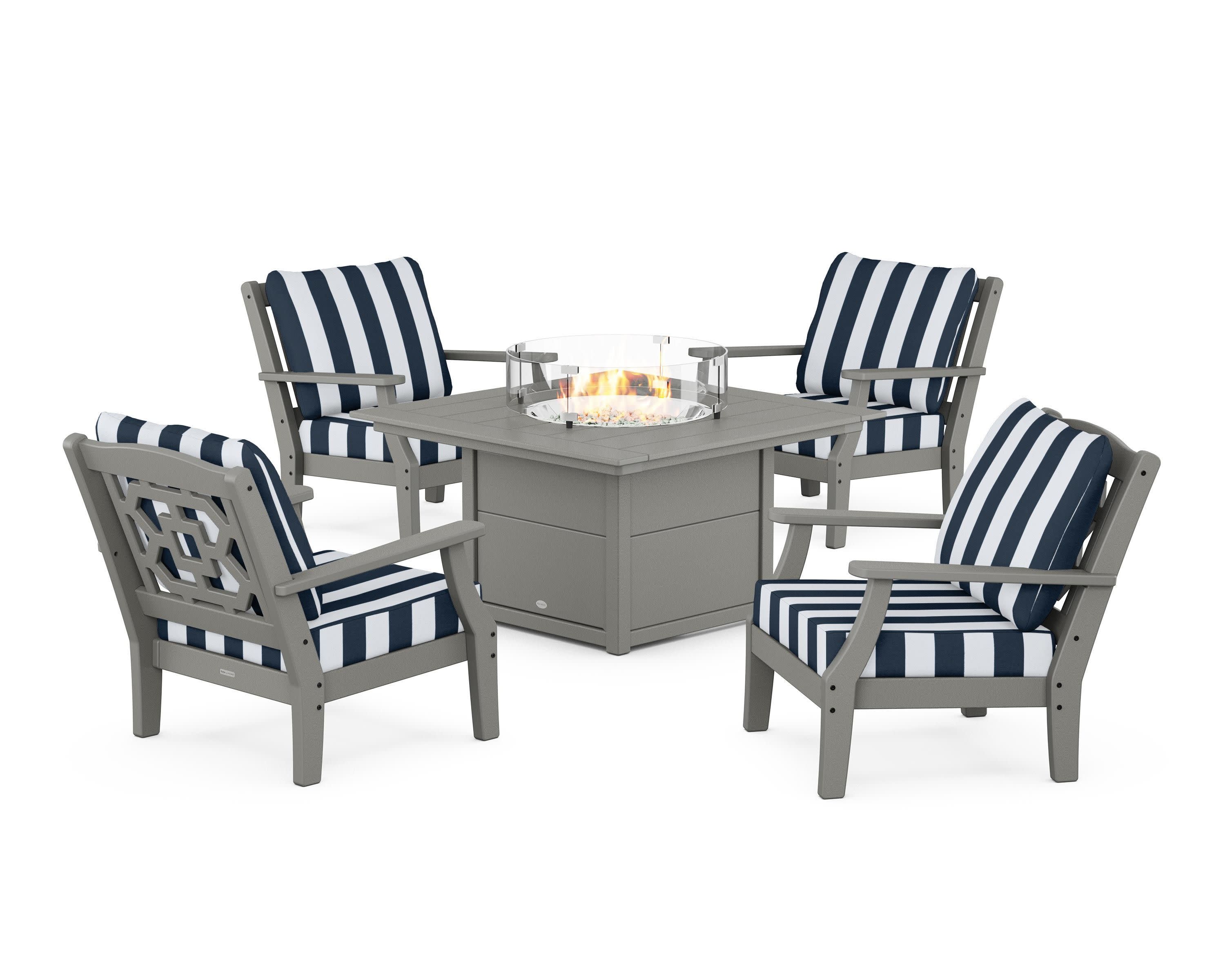 Chinoiserie 5-Piece Deep Seating Set with Fire Pit Table in Slate Grey / Cabana Stripe Marine Indigo