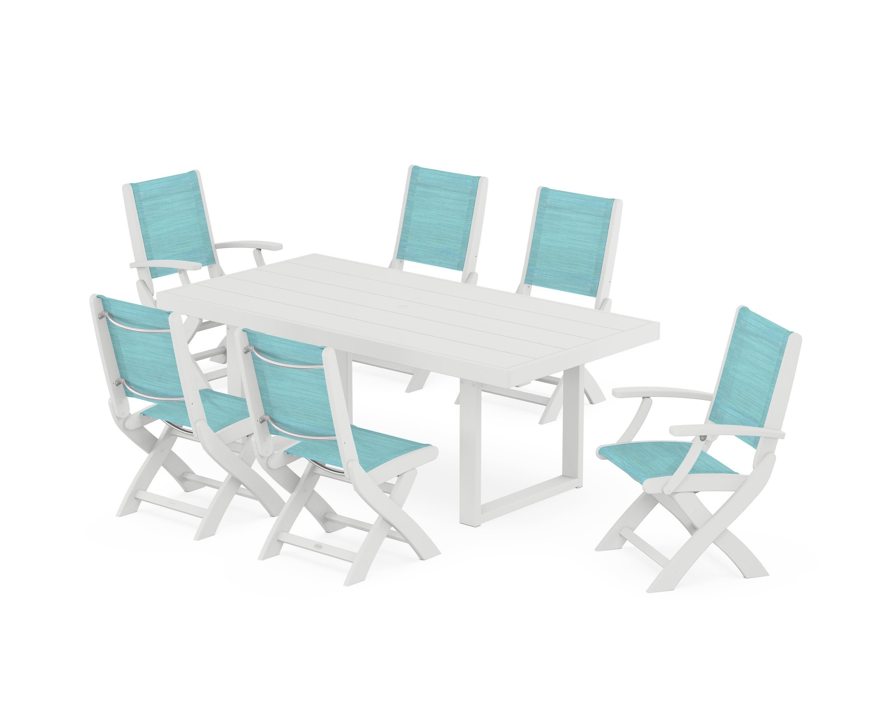 Coastal Folding Chair 7-Piece Dining Set with Trestle Legs in White / Dupioni Aquamarine Sling