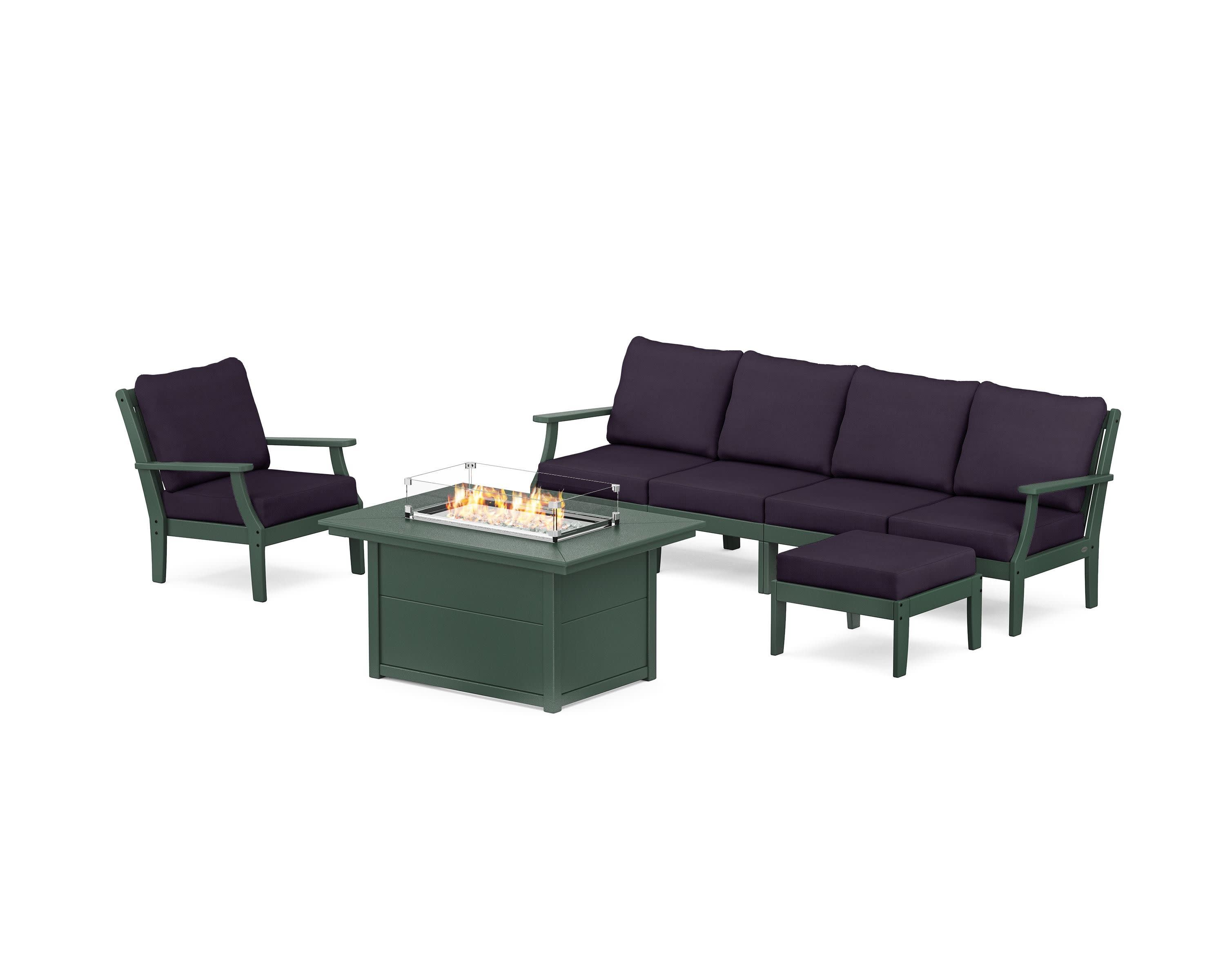 Braxton Sectional Lounge and Fire Pit Set in Green / Navy Linen