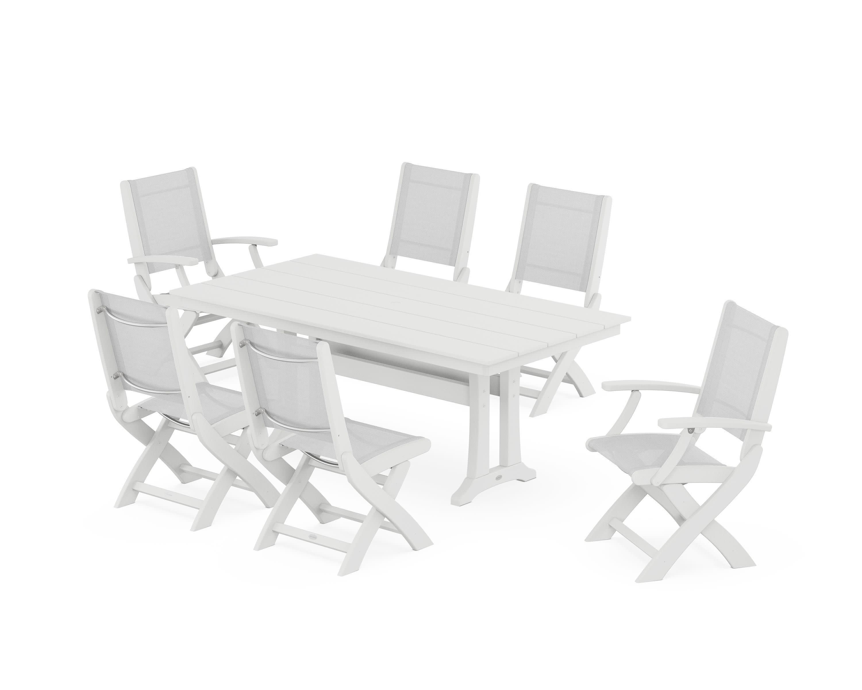 Coastal Folding Chair 7-Piece Farmhouse Dining Set with Trestle Legs in White / White Sling