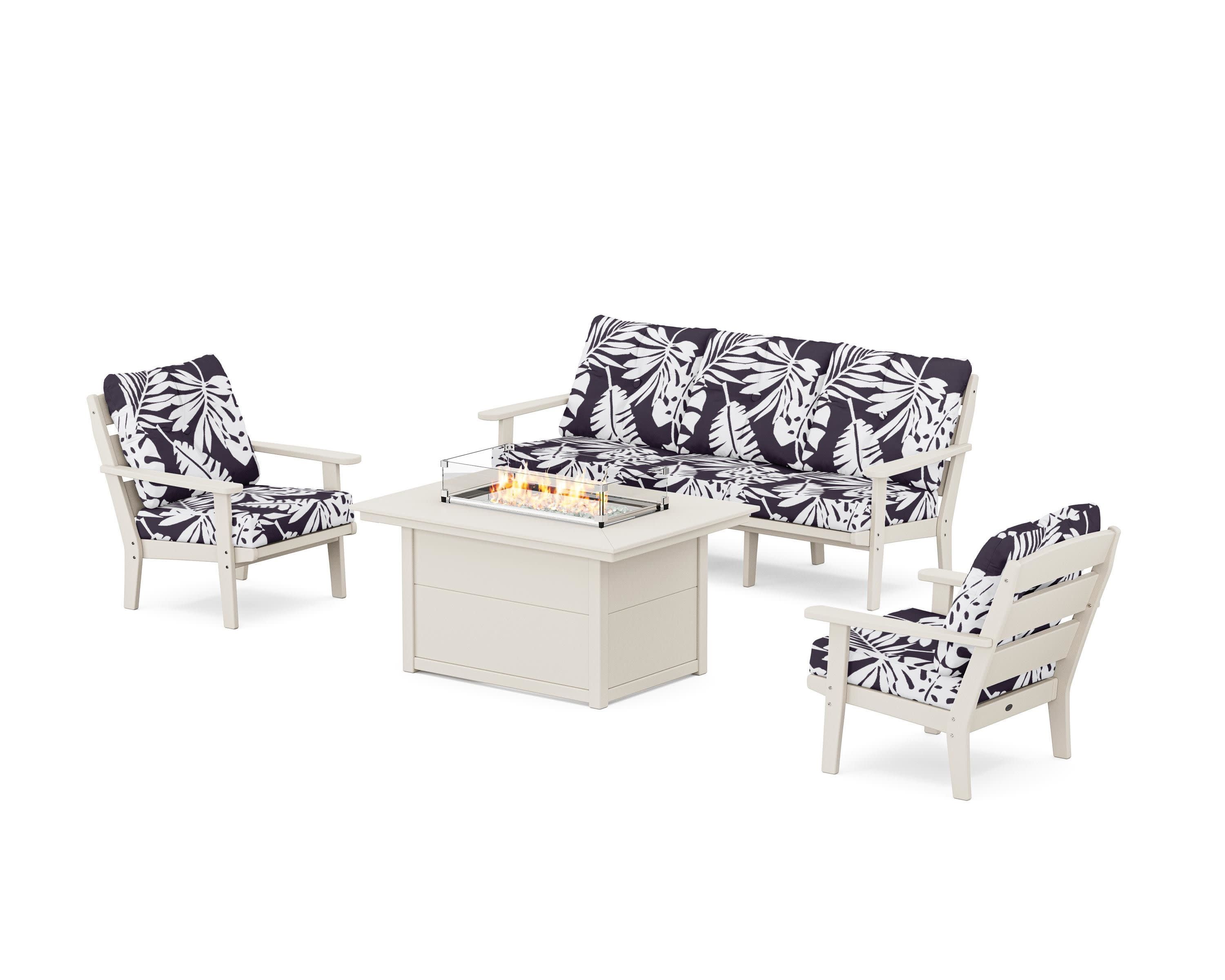 Lakeside Deep Seating Fire Pit Table Set in Sand / Leaf Navy