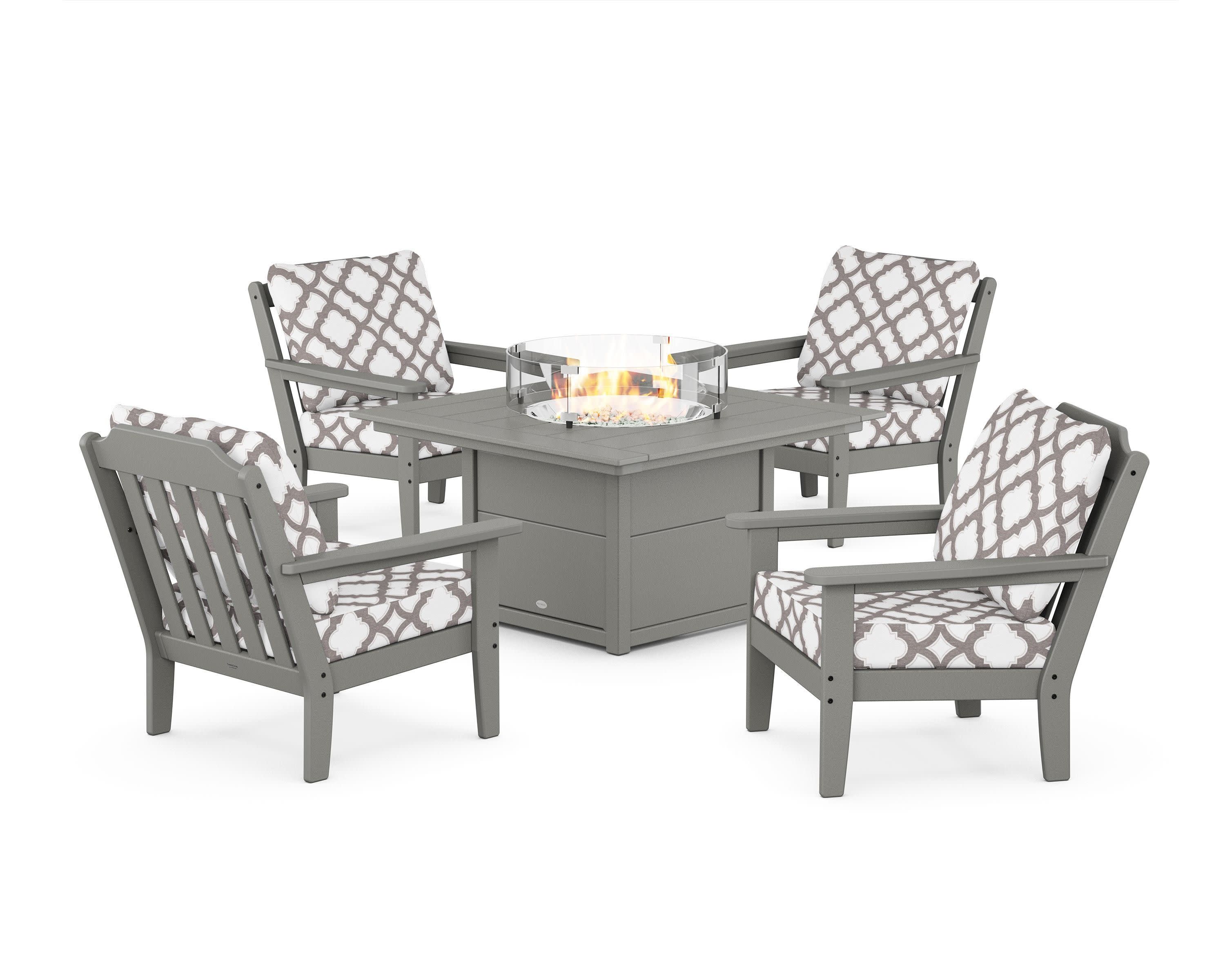 Cottage 5-Piece Deep Seating Set with Fire Pit Table in Slate Grey / Trellis Grey Mist