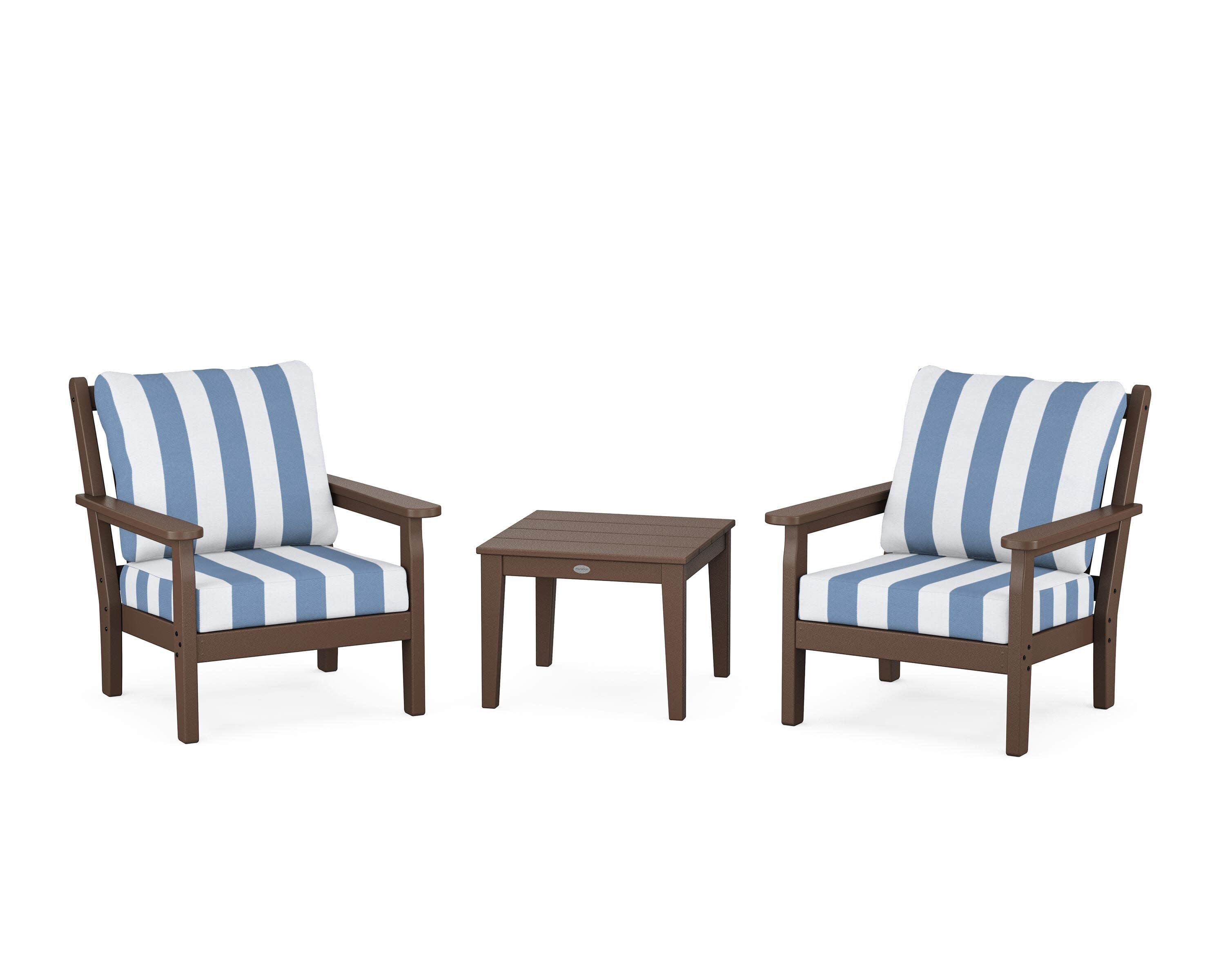 Chippendale 3-Piece Deep Seating Set in Mahogany / Cabana Stripe Sky Blue