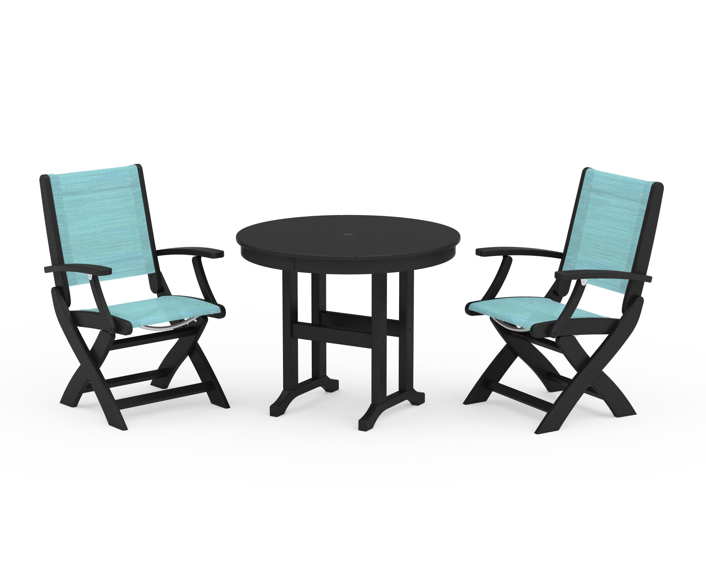 Coastal Folding Chair 3-Piece Round Dining Set in Black / Dupioni Aquamarine Sling