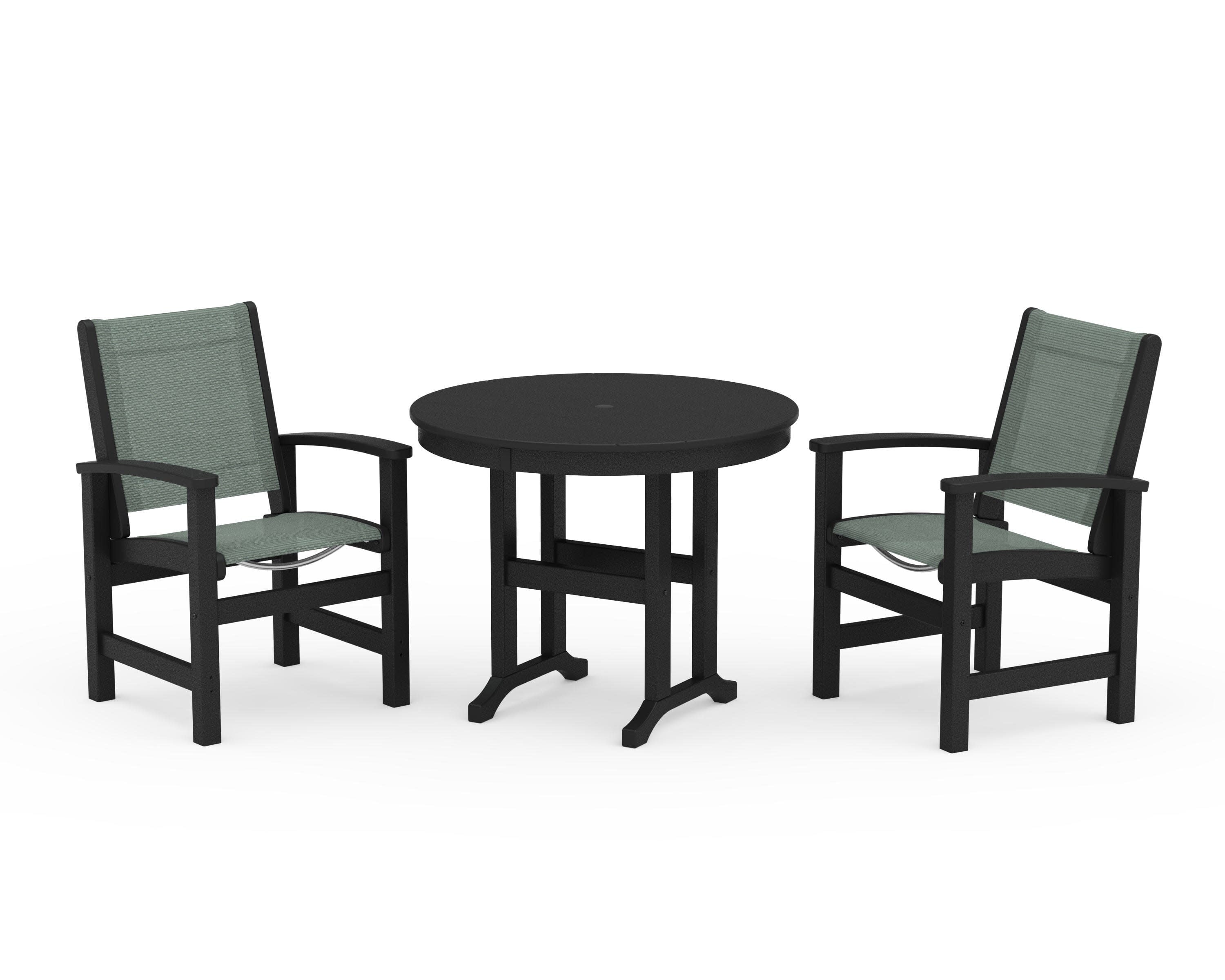 Coastal 3-Piece Round Dining Set in Black / Dupioni Sea Mist Sling