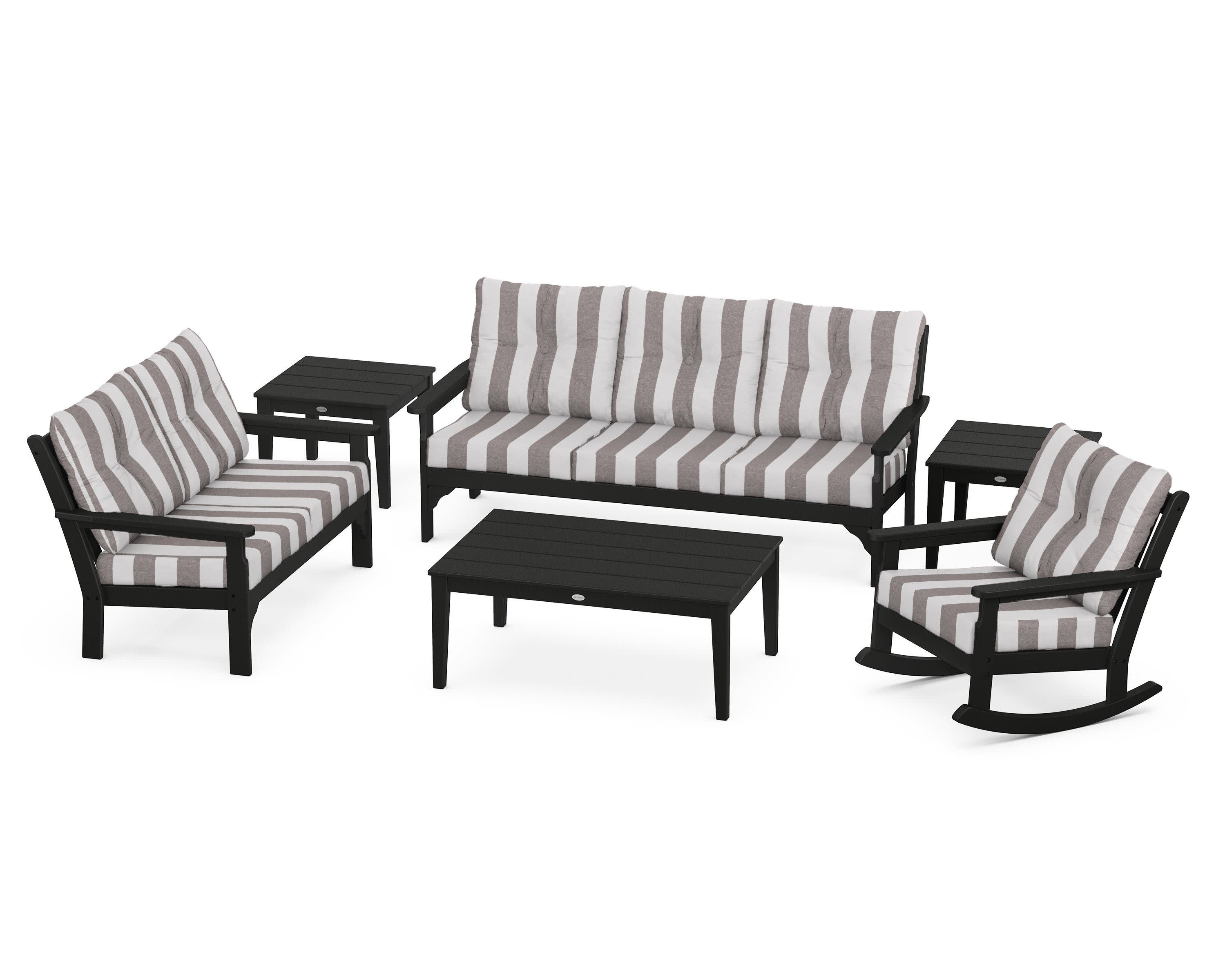 Vineyard 6-Piece Deep Seating Set in Black / Cabana Stripe Grey Mist
