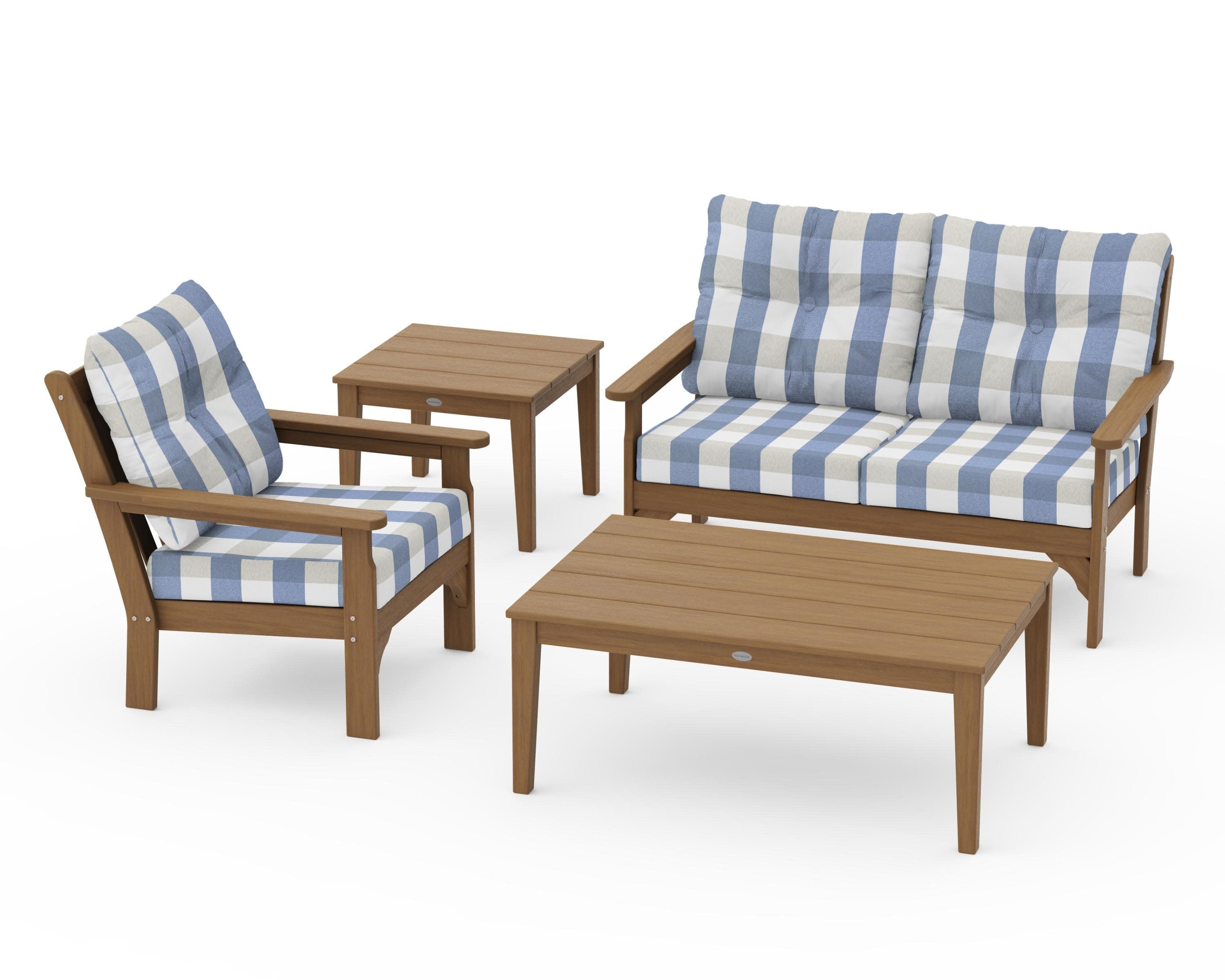 Vineyard 4-Piece Deep Seating Set in Natural / Buffalo Plaid Sky Blue